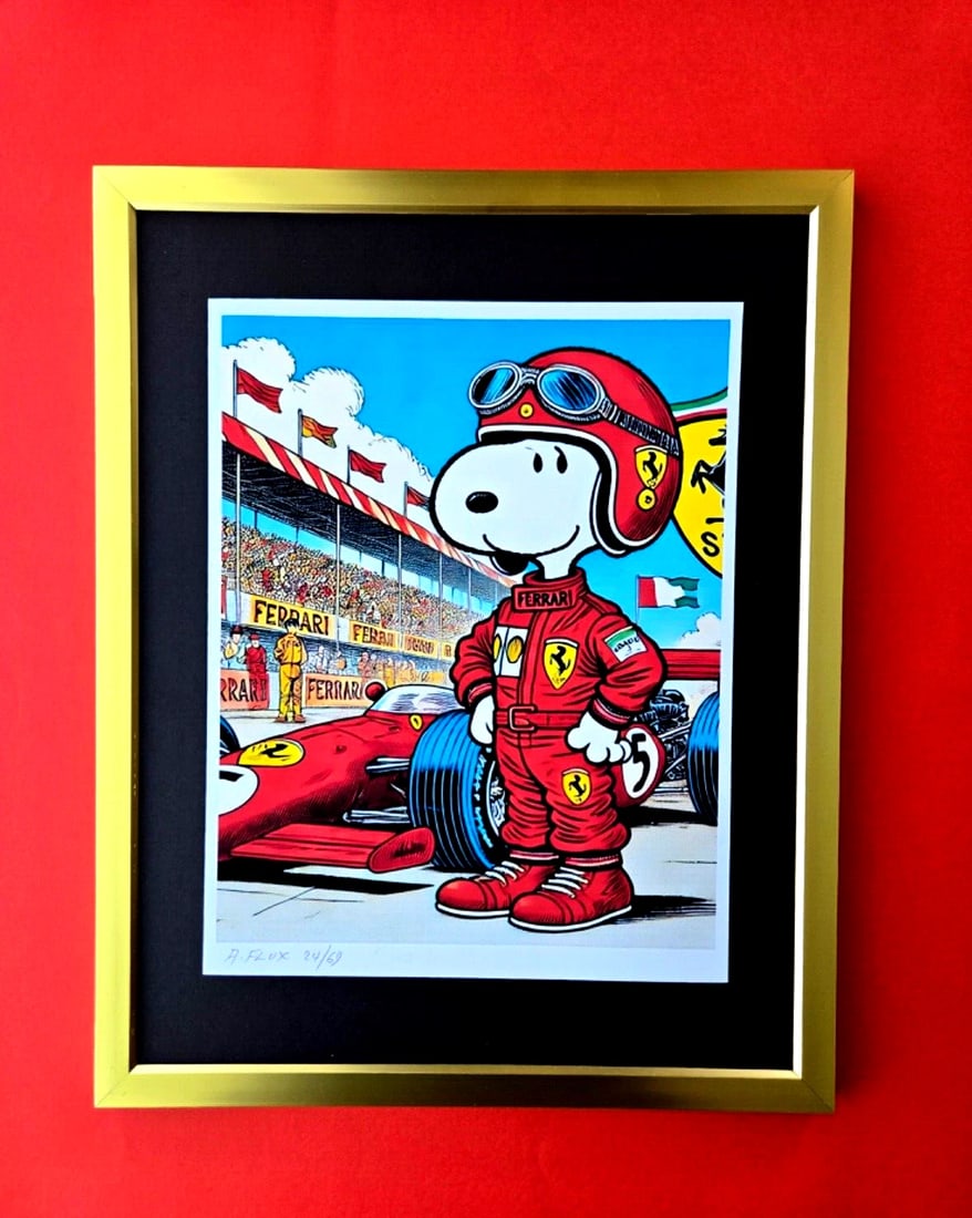 AIDAN FLUX | Hand Signed Print Framed Edition (69) COA SNOOPY FERRARI PILOT: This is a Stunning and Scarce 100% Authentic New Print by Aidan Flux AIDAN Flux represents a new wave of artists who embrace technology as a partner in creation, crafting works that resonate with the