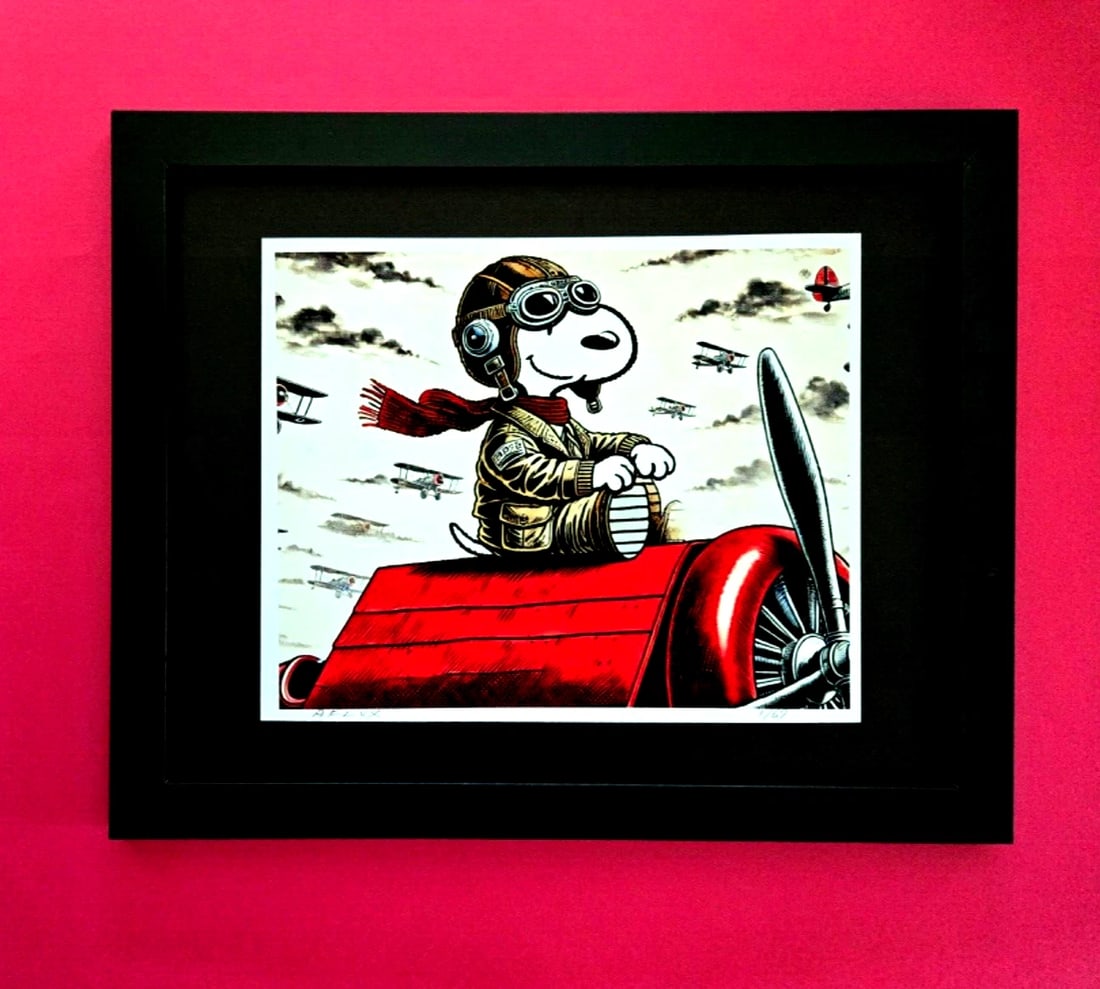 AIDAN FLUX | Hand Signed Print Framed Ltd. Ed. of 69 COA SNOOPY AVIATOR: This is a Stunning and Scarce 100% Authentic New Print by Aidan Flux AIDAN Flux represents a new wave of artists who embrace technology as a partner in creation, crafting works that resonate with the