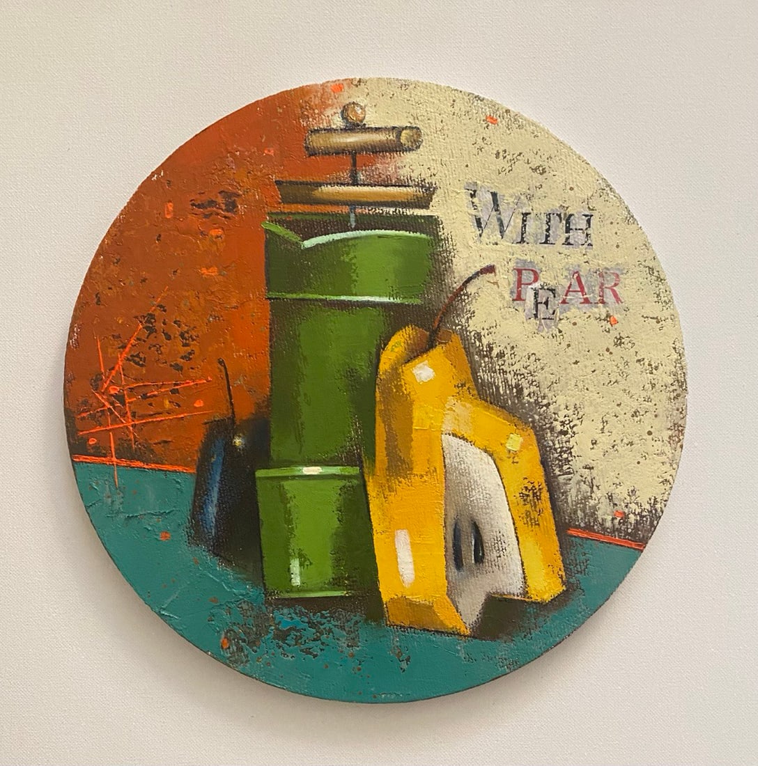 Abstract Oil painting Pear Oksana Kyrylenko: 152KOR Painter: Oksana Kyrylenko S?ze: diameter 30 cm/diameter 11,81 inches Components: oil, canvas, Original painting from our collection ERA:2025 Oksana Ivanivna was born on May 11, 1961 in the city