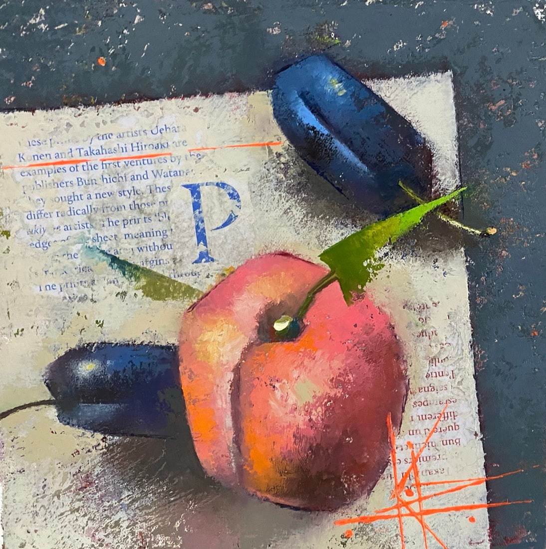 Abstract Oil painting Plums and peach Oksana Kyrylenko: 153KOR Painter: Oksana Kyrylenko S?ze: 20x20 cm/7,87x7,87 inches Components: oil, canvas, Original painting from our collection ERA:2025 Oksana Ivanivna was born on May 11, 1961 in the city of Chernih
