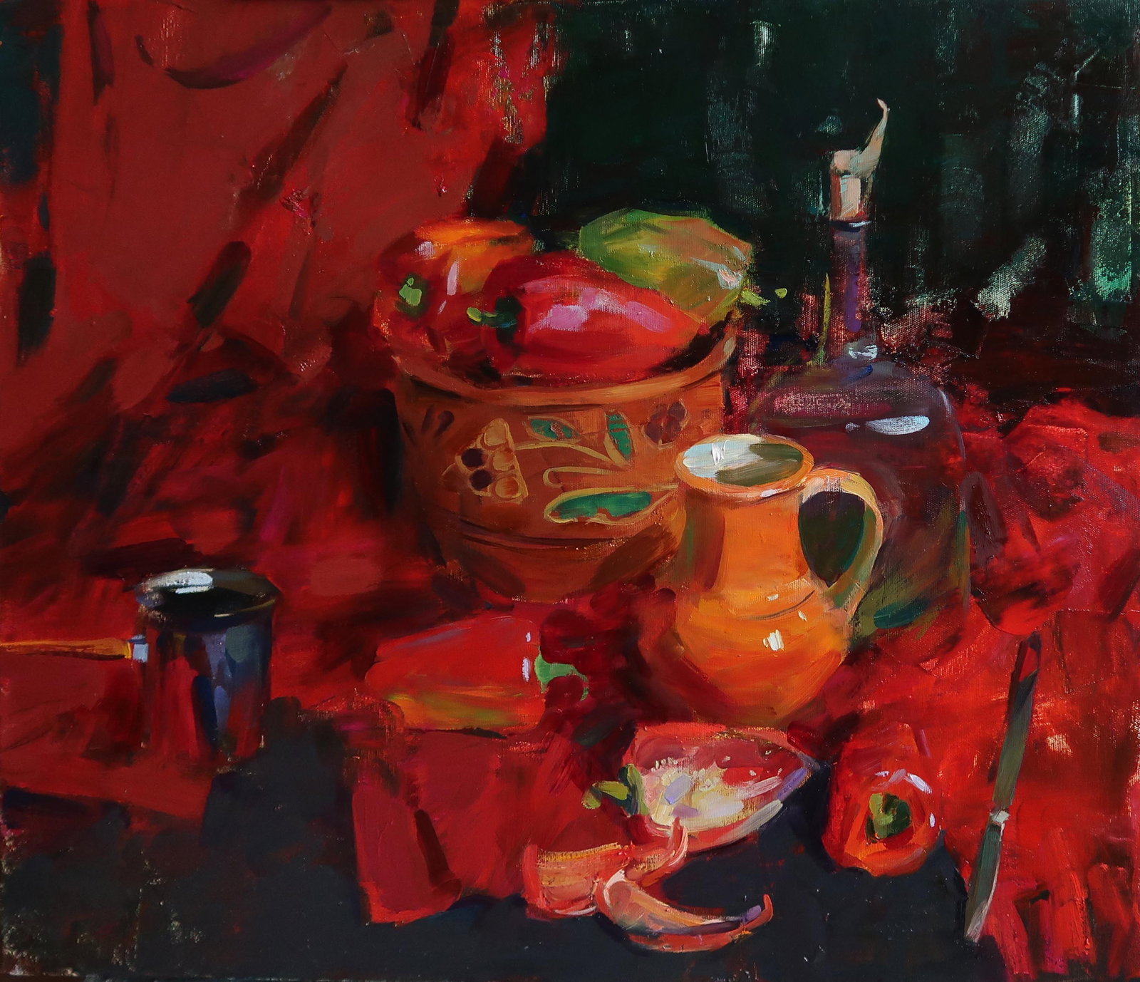 Oil painting Still life with pepper Serg Kovalenko: 24SK Painter: Serg Kovalenko S?ze: 70x60 cm/'27.6x23.6 inches' Components: oil, canvas Original painting CONDITION: exellent ERA: modern Graduated from the art and graphic faculty of the Kharkiv Natio