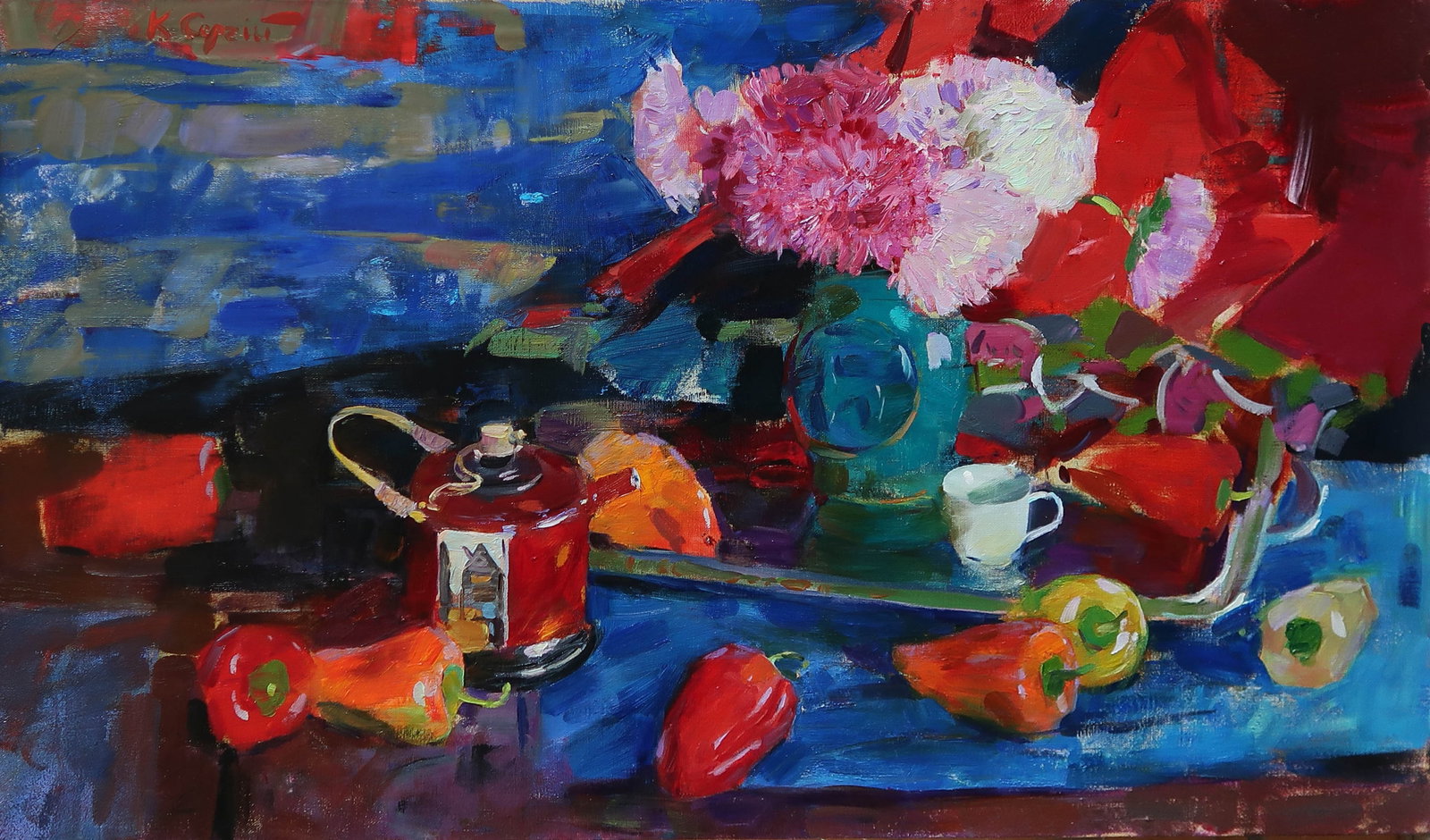 Oil painting Peppers Serg Kovalenko: 38SK Painter: Serg Kovalenko S?ze: 85x50 cm/33.5x19.7 inches Components: oil, canvas Original painting CONDITION: exellent ERA: modern Graduated from the art and graphic faculty of the Kharkiv