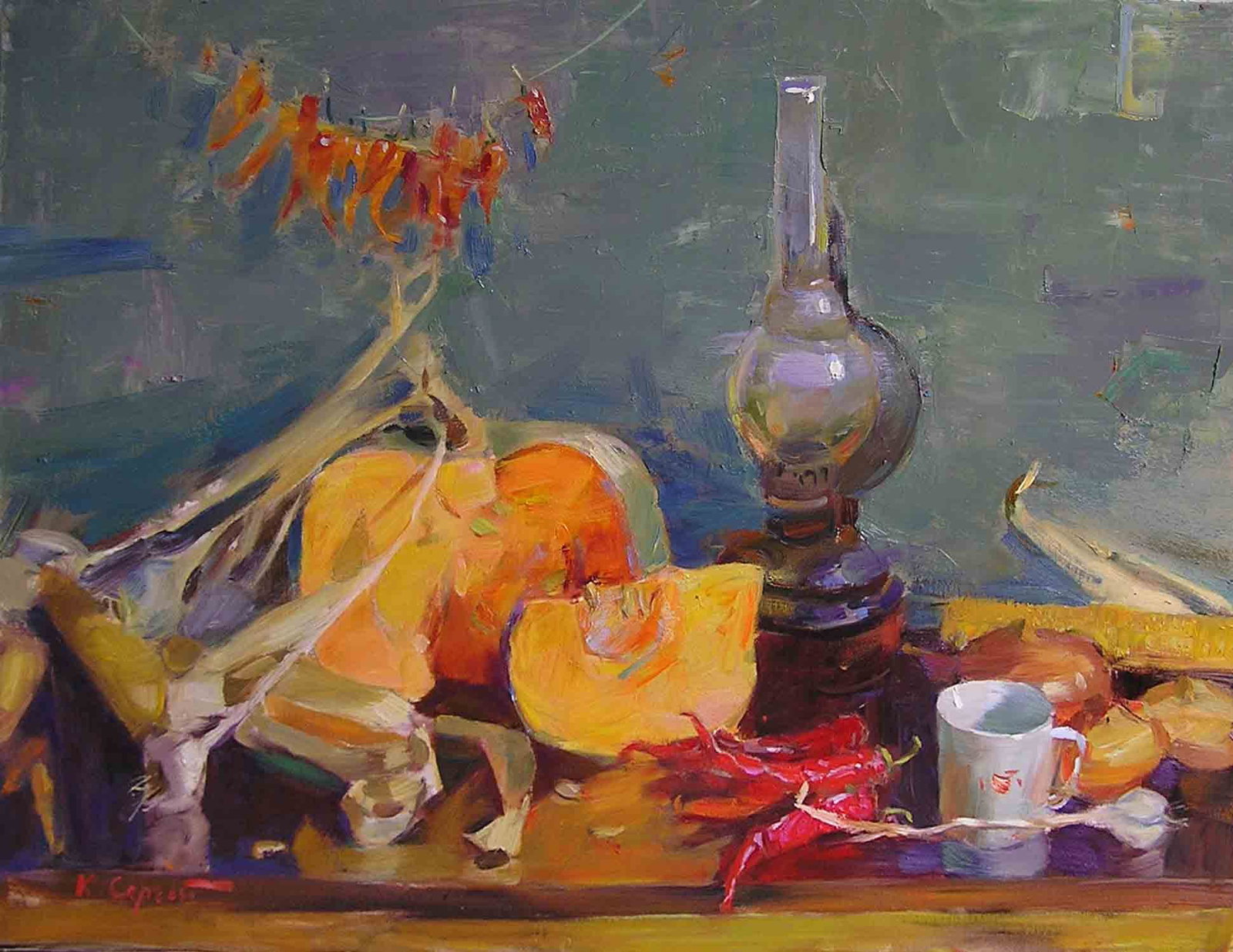 Oil painting Pumpkin Serg Kovalenko: 57SK Painter: Serg Kovalenko S?ze: 60x80 cm/23.6x31.5 inches Components: oil, canvas Original painting CONDITION: exellent ERA: modern Graduated from the art and graphic faculty of the Kharkiv