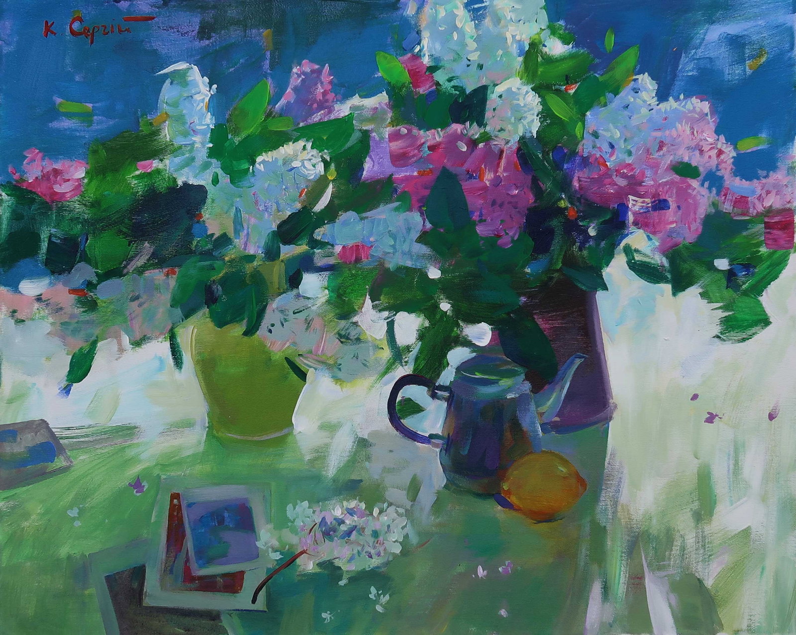 Oil painting lilac and lemon Serg Kovalenko: 129SK Painter: Serg Kovalenko S?ze: 55x70 cm/21.7x27.6 inches Components: acrylic, canvas Original painting CONDITION: exellent ERA: modern Graduated from the art and graphic faculty of the Kharkiv