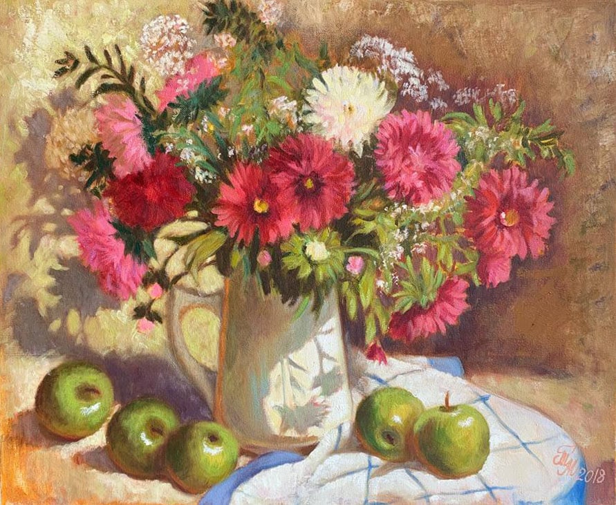 Oil painting Asters Maria Mitrick: 03MITR Painter: Maria Mitrick S?ze: 50x60 cm/ 19.6x23.6 inches Components: oil, canvas Original painting CONDITION: exellent ERA: 2018 ARTIST: Member of the National Union of Artists of Ukraine (2003)