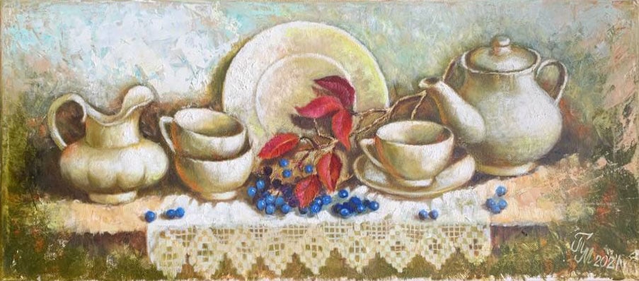 Oil painting Ukrainian tableware Maria Mitrick: 09MITR Painter: Maria Mitrick S?ze: 25x58 cm/ 9.8x22.8 inches Components: oil, canvas Original painting CONDITION: exellent ERA: 2021 ARTIST: Member of the National Union of Artists of Ukraine (2003).