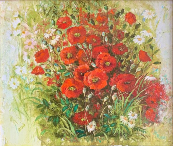 Oil painting Poppies Maria Mitrick: 10MITR Painter: Maria Mitrick S?ze: 70x60 cm/ 27.5x23.6 inches Components: oil, canvas Original painting CONDITION: exellent ERA: 2021 ARTIST: Member of the National Union of Artists of Ukraine (2003)