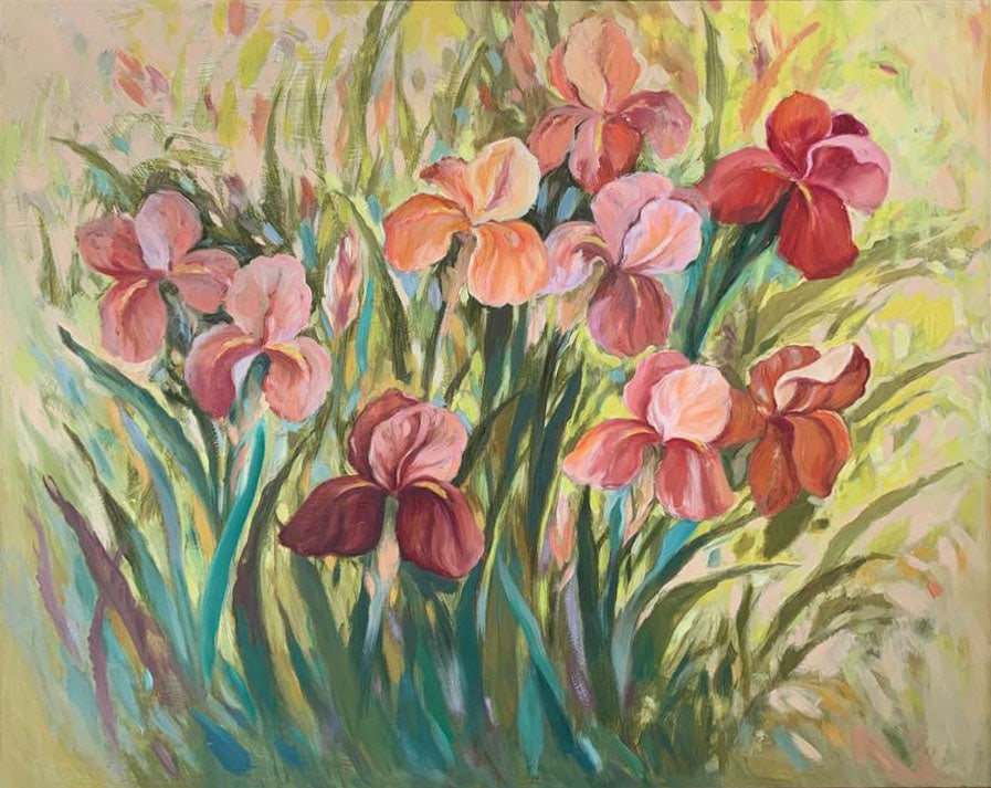 Oil painting irises Maria Mitrick: 36MITR Painter: Maria Mitrick S?ze: 60x75 cm/ 23.6x29.5 inches Components: oil, cardboard Original painting CONDITION: exellent ERA:2018 ARTIST: Member of the National Union of Artists of Ukraine (200