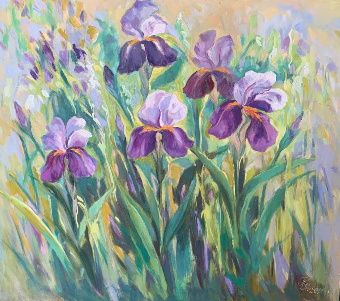 Oil painting irises Maria Mitrick: 38MITR Painter: Maria Mitrick S?ze: 60x70 cm/ 23.6x27.5 inches Components: oil, canvas Original painting CONDITION: exellent ERA: 2011 ARTIST: Member of the National Union of Artists of Ukraine (2003)