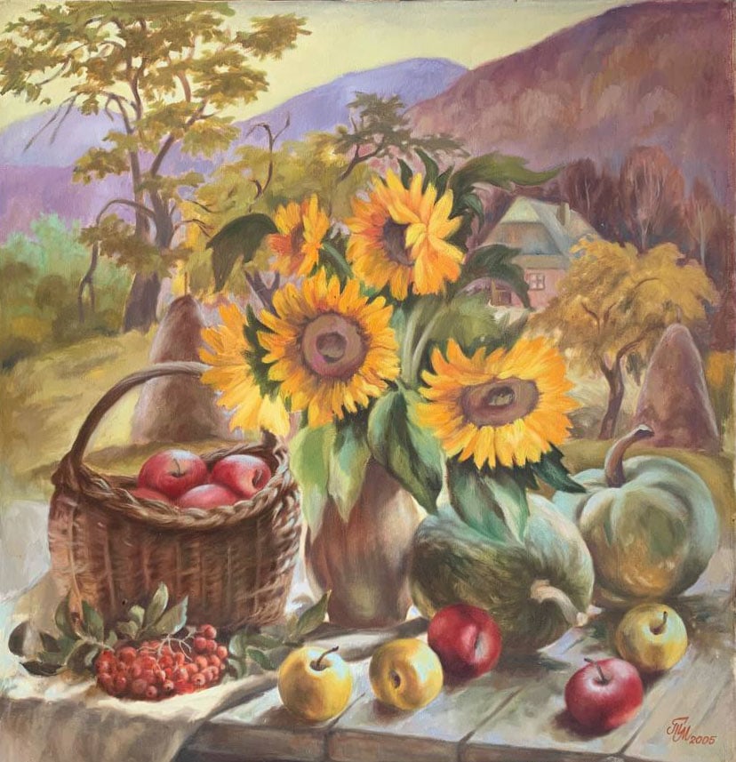 Oil painting Autumn in the village of Lumshorakh Maria Mitrick: 46MITR Painter: Maria Mitrick S?ze: 90x84 cm/ 35.43x33.07 inches Components: oil, canvas Original painting CONDITION: exellent ERA: ARTIST: Member of the National Union of Artists of Ukraine (2003). S