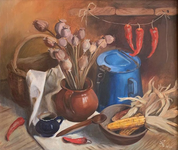 Oil painting still life with corn Maria Mitrick: 47MITR Painter: Maria Mitrick S?ze: 75x65 cm/ 29.5x25.5 inches Components: oil, canvas Original painting CONDITION: exellent ERA: 2006 ARTIST: Member of the National Union of Artists of Ukraine (2003)