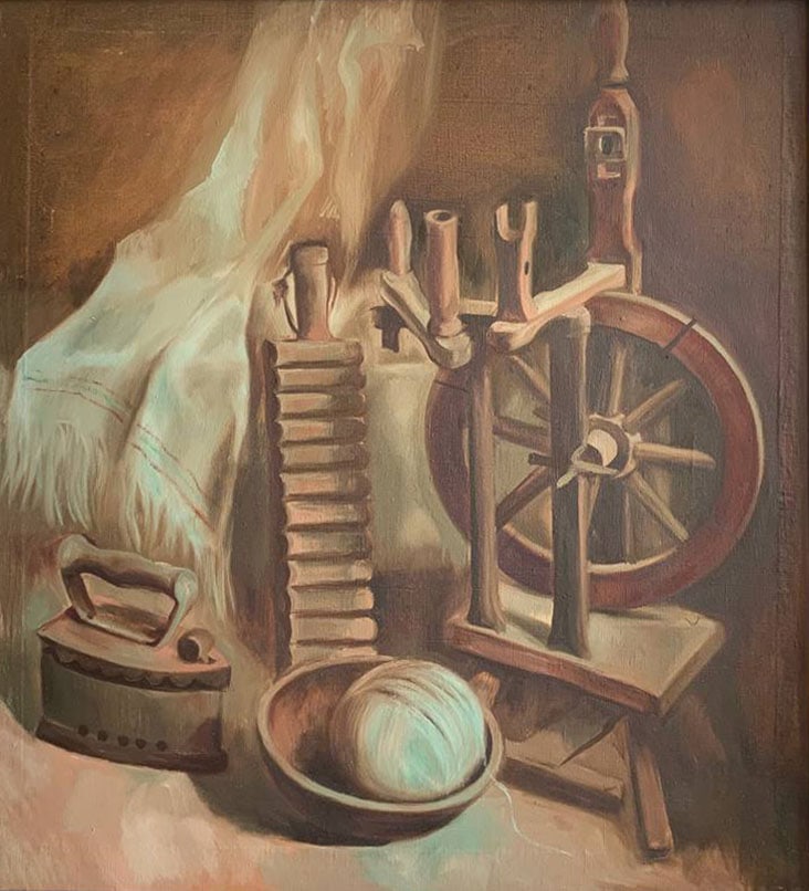 Oil painting spinning wheel still life Maria Mitrick: 49MITR Painter: Maria Mitrick S?ze: 75x70 cm/ 29.5x27.55 inches Components: oil, canvas Original painting CONDITION: exellent ERA: 2006 ARTIST: Member of the National Union of Artists of Ukraine (2003