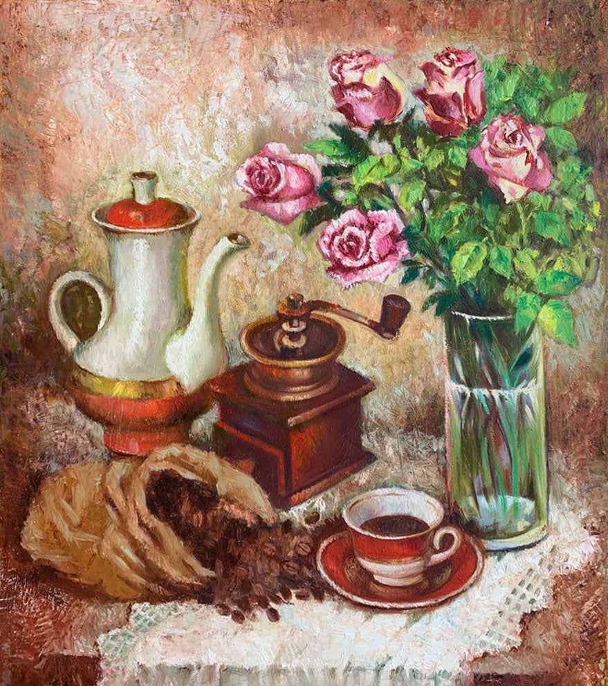 Oil painting morning coffee Maria Mitrick: 54MITR Painter: Maria Mitrick S?ze: 60x50 cm/ 23.6x19.6 inches Components: oil, canvas Original painting CONDITION: exellent ERA: 2019 ARTIST: Member of the National Union of Artists of Ukraine (2003)
