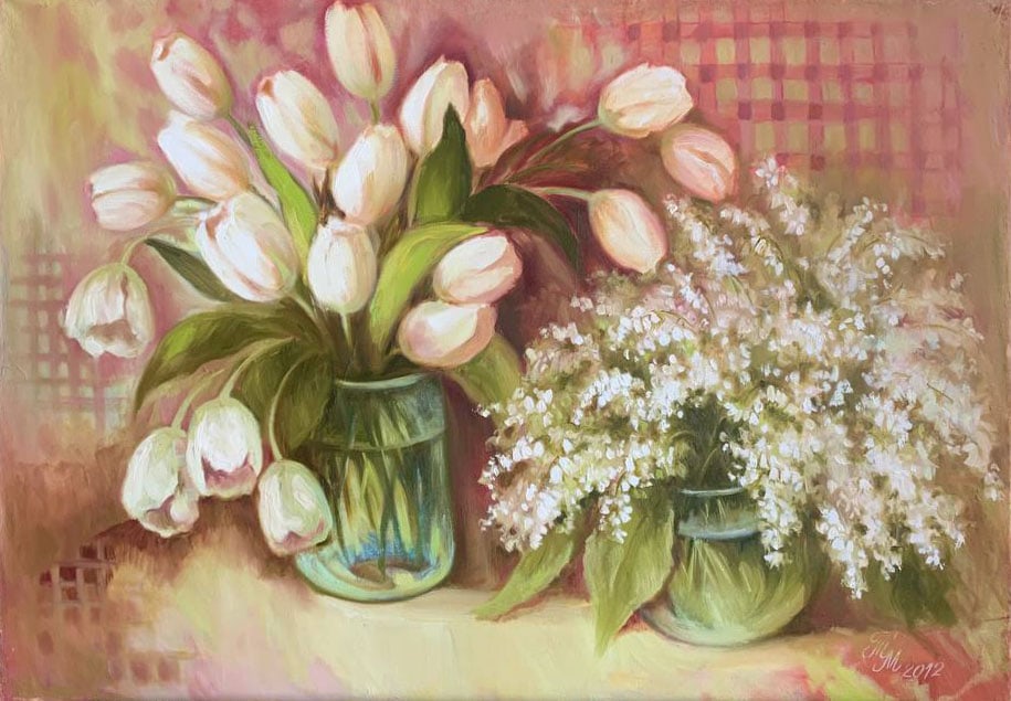 Oil painting white tulips Maria Mitrick: 55MITR Painter: Maria Mitrick S?ze: 50x70 cm/ 19.6x27.5 inches Components: oil, canvas Original painting CONDITION: exellent ERA: 2012 ARTIST: Member of the National Union of Artists of Ukraine (2003)