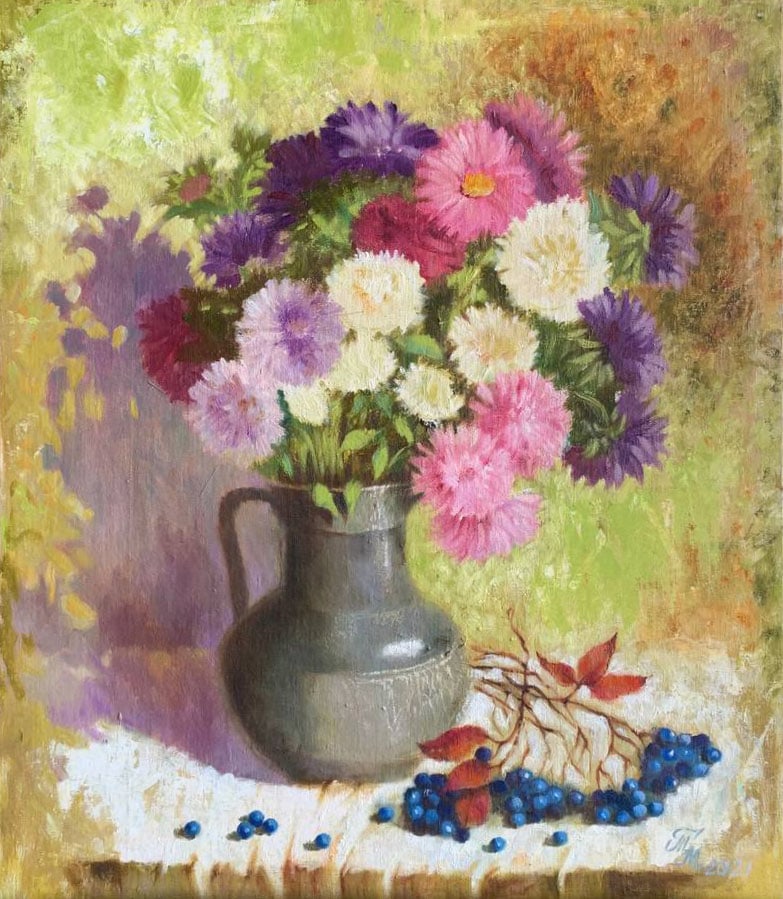 Oil painting Asters Maria Mitrick: 56MITR Painter: Maria Mitrick S?ze: 50x60 cm/ 19.6x23.6 inches Components: oil, canvas on cardboard Original painting CONDITION: exellent ERA: 2021 ARTIST: Member of the National Union of Artists of
