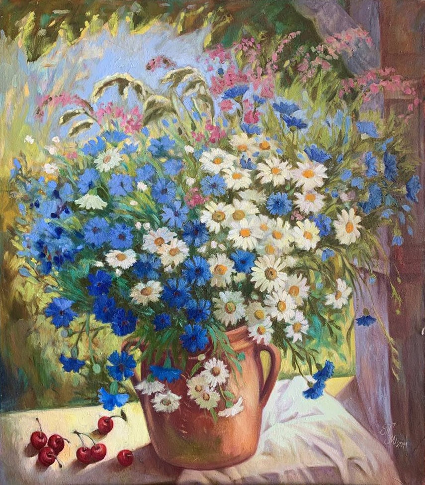 Oil painting Chamomile Maria Mitrick: 58MITR Painter: Maria Mitrick S?ze: 80x70 cm/ 31.49x27.5 inches Components: oil, canvas Original painting CONDITION: exellent ERA: 2011 ARTIST: Member of the National Union of Artists of Ukraine (2003