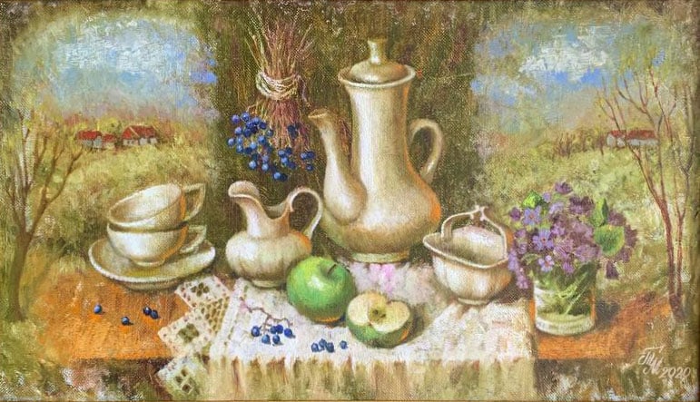Oil painting still life with violets Maria Mitrick: 65MITR Painter: Maria Mitrick S?ze: 40x70 cm/ 15.74x27.5 inches Components: oil, canvas Original painting CONDITION: exellent ERA: 2020 ARTIST: Member of the National Union of Artists of Ukraine (2003