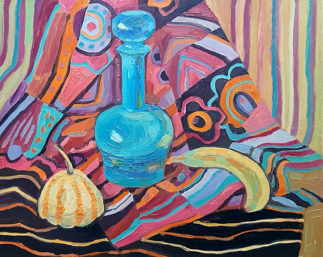 Abstract Oil painting Blue bottle and pumpkin Tetyana Shulyak: 01Sl Painter: Tetyana Shulyak S?ze: 50x62 cm/19.68x24.4 inches Components: oil, canvas Original painting from our collection ERA: 2019 Short information: Tetyana Shulyak was born in Donetsk, but spent