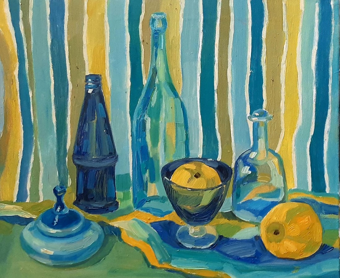 Abstract Oil painting Blue glass Tetyana Shulyak: 34Sl Painter: Tetyana Shulyak S?ze: 50x60cm/19,68x23,62 inches Components: oil, canvas Original painting from our collection ERA: 2017 Short information: Tetyana Shulyak was born in Donetsk, but spent