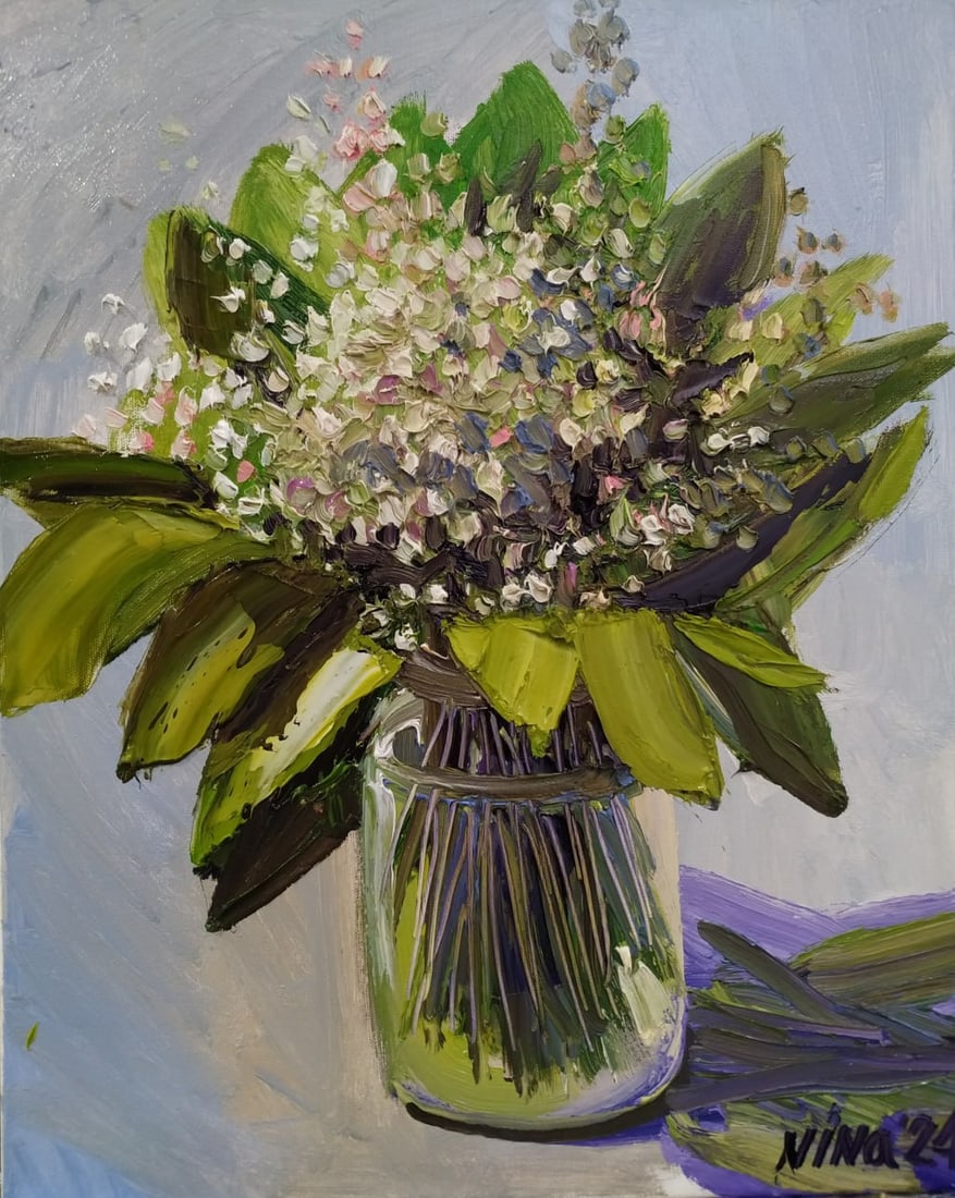 Oil painting Lilies of the valley Nina L: 17Lt Painter: Nina L. S?ze: 50x40 cm/ 19.68x15.74 inches Components: oil, canvas Original painting CONDITION: exellent ERA: 2024 ARTIST: She was born on November 30, 1972 in the town of Mlinov, Rivne 