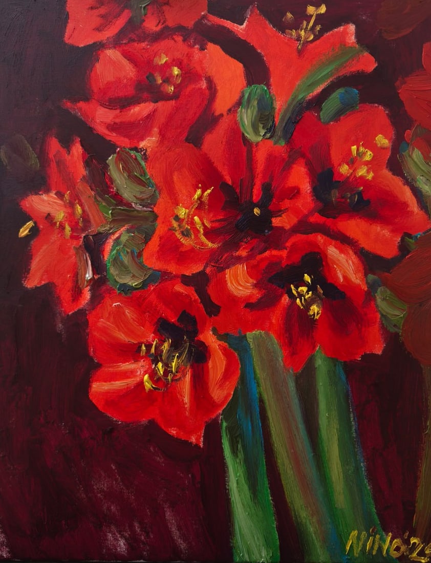 Oil painting Amaryllis Nina L: 65Lt Painter: Nina L. S?ze: 50x40 cm/ 19.68x15.74 inches Components: oil, canvas Original painting CONDITION: exellent ERA: 2024 ARTIST: She was born on November 30, 1972 in the town of Mlinov, Rivne 