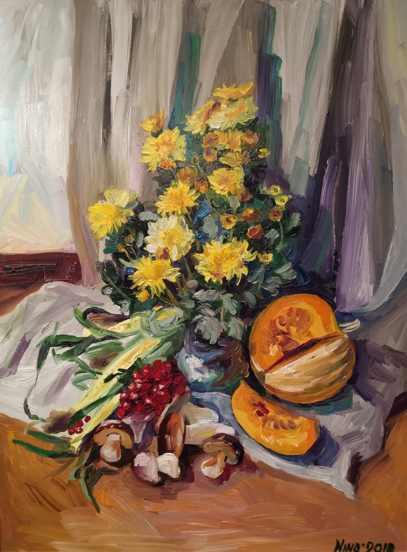 Oil painting Still life with chrysanthemums Nina L: 80Lt Painter: Nina L. S?ze: 80x60 cm/ 31.49x23.62 inches Components: oil, fiberboard Original painting CONDITION: exellent ERA: 2018 ARTIST: She was born on November 30, 1972 in the town of Mlinov, Ri