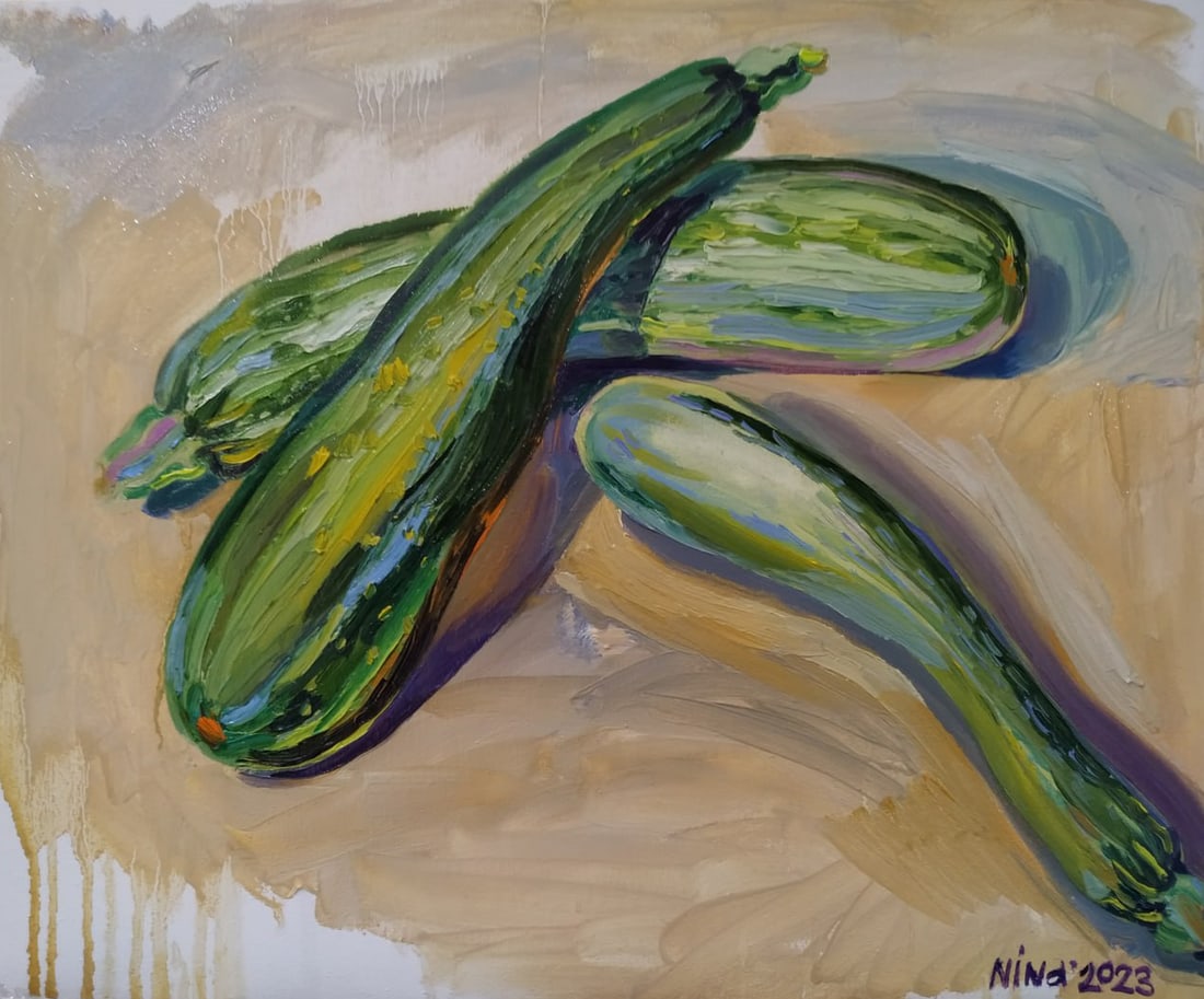 Oil painting Zucchini Nina L: 95Lt Painter: Nina L. S?ze: 50x60 cm/ 19.68x23.62 inches Components: oil, canvas Original painting CONDITION: exellent ERA: 2023 ARTIST: She was born on November 30, 1972 in the town of Mlinov, Rivne 
