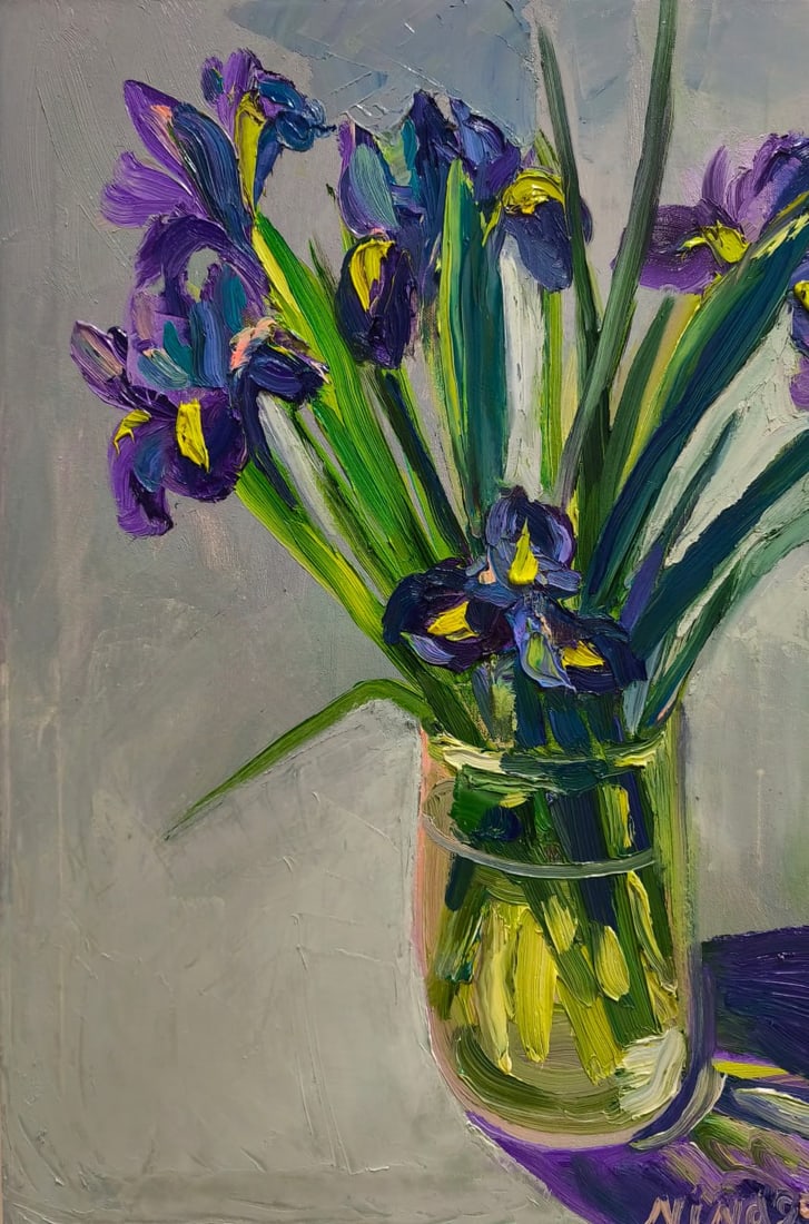 Oil painting Irises Nina L: 125Lt Painter: Nina L. S?ze: 60x40 cm/ 23.62x15.74 inches Components: oil, canvas Original painting CONDITION: exellent ERA: 2025 ARTIST: She was born on November 30, 1972 in the town of Mlinov, Rivne