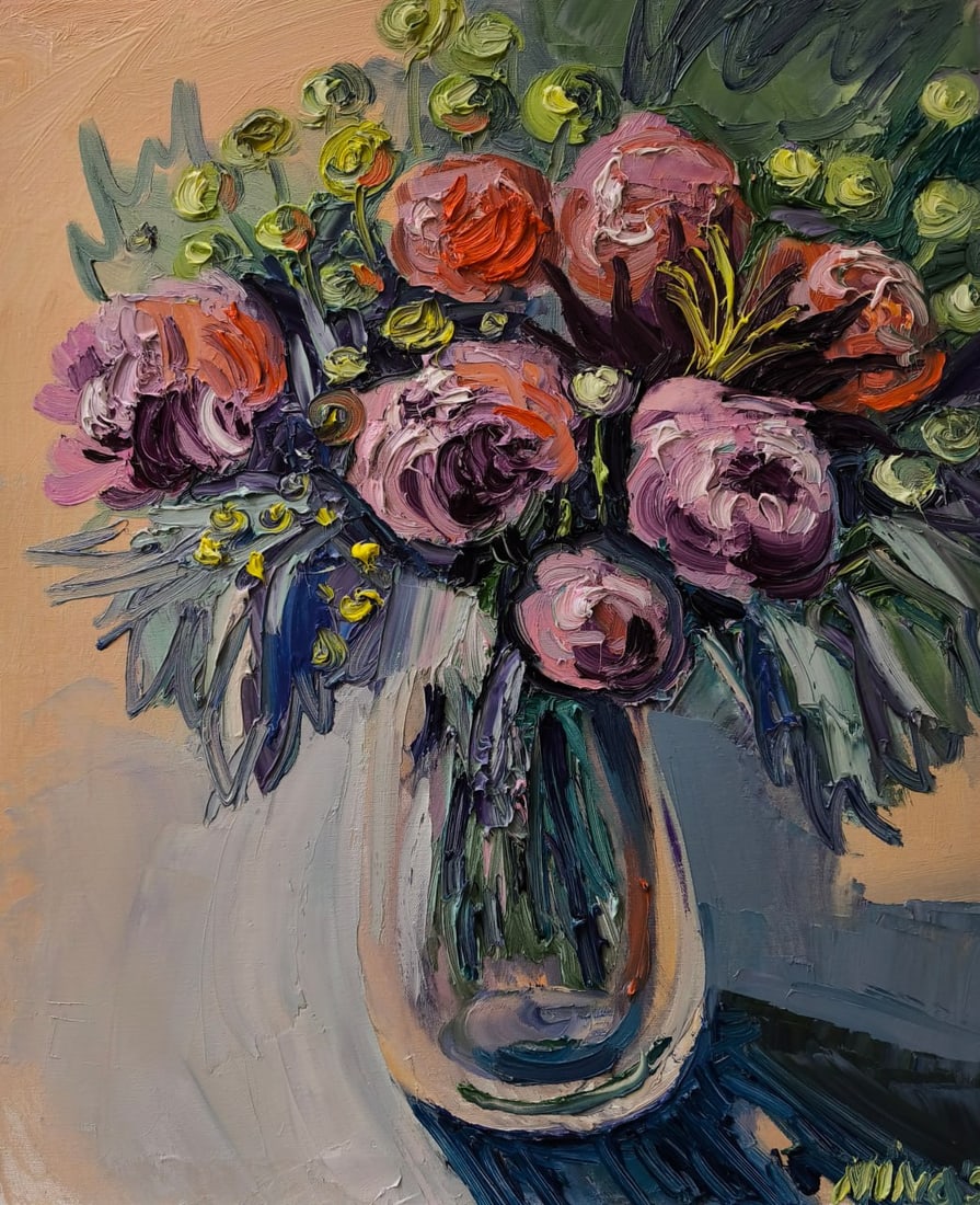 Oil painting Bouquet Nina L: 127Lt Painter: Nina L. S?ze: 60x50 cm/ 23.62x19.68 inches Components: oil, canvas Original painting CONDITION: exellent ERA: 2025 ARTIST: She was born on November 30, 1972 in the town of Mlinov, Rivne