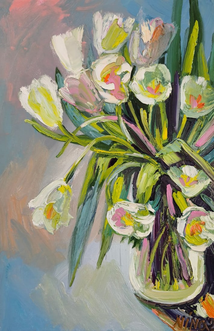 Oil painting Tulips Nina L: 128Lt Painter: Nina L. S?ze: 60x40 cm/ 23.62x15.74 inches Components: oil, canvas Original painting CONDITION: exellent ERA: 2025 ARTIST: She was born on November 30, 1972 in the town of Mlinov, Rivne