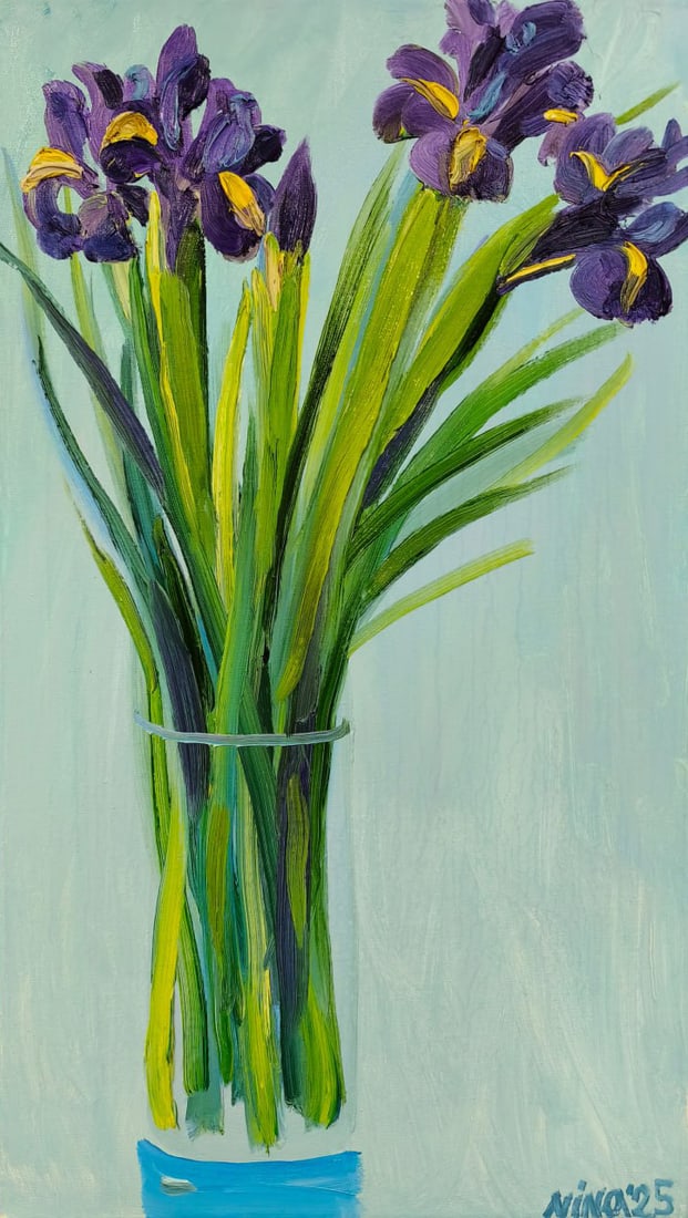 Oil painting Irises Nina L: 133Lt Painter: Nina L. S?ze: 70x50 cm/ 27.55x19.68 inches Components: oil, canvas Original painting CONDITION: exellent ERA: 2025 ARTIST: She was born on November 30, 1972 in the town of Mlinov, Rivne