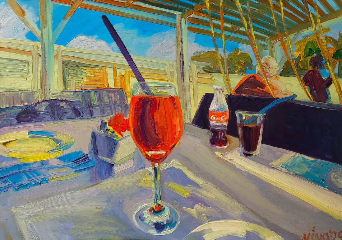 Oil painting Pomegranate cocktail Nina L: 141Lt Painter: Nina L. S?ze: 50x70 cm/ 19.68x27.55 inches Components: oil, canvas Original painting CONDITION: exellent ERA: 2025 ARTIST: She was born on November 30, 1972 in the town of Mlinov, Rivne