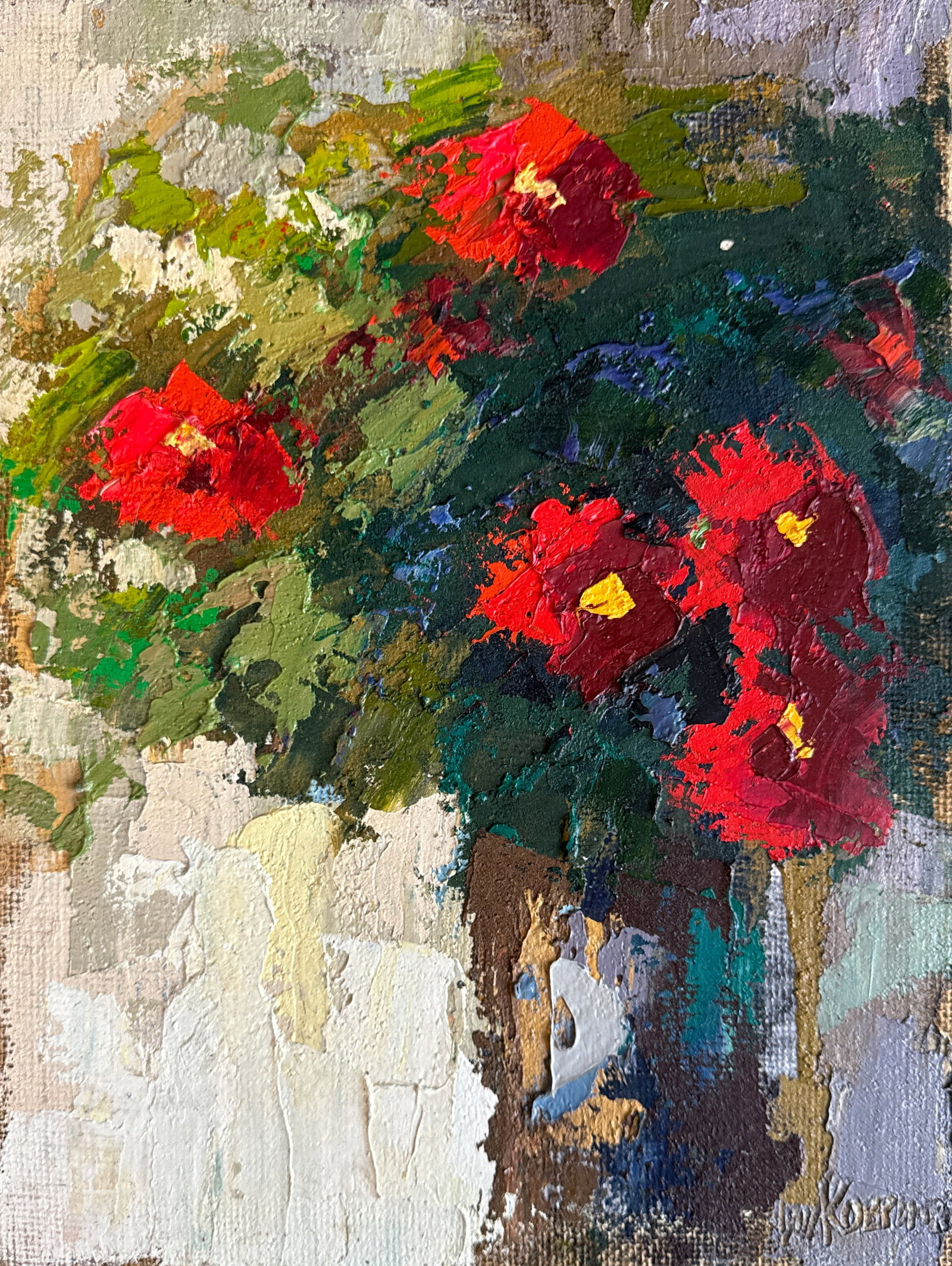 Oil painting with frame Flowers K. Leonid: 09KK Painter: K. Leonid S?ze: 40x30 cm/ 15.74x11.81 inches Components: oil, canvas Original painting CONDITION: exellent ERA:2020 ARTIST: Born in the village of Ostrov, what a beautiful name, located 