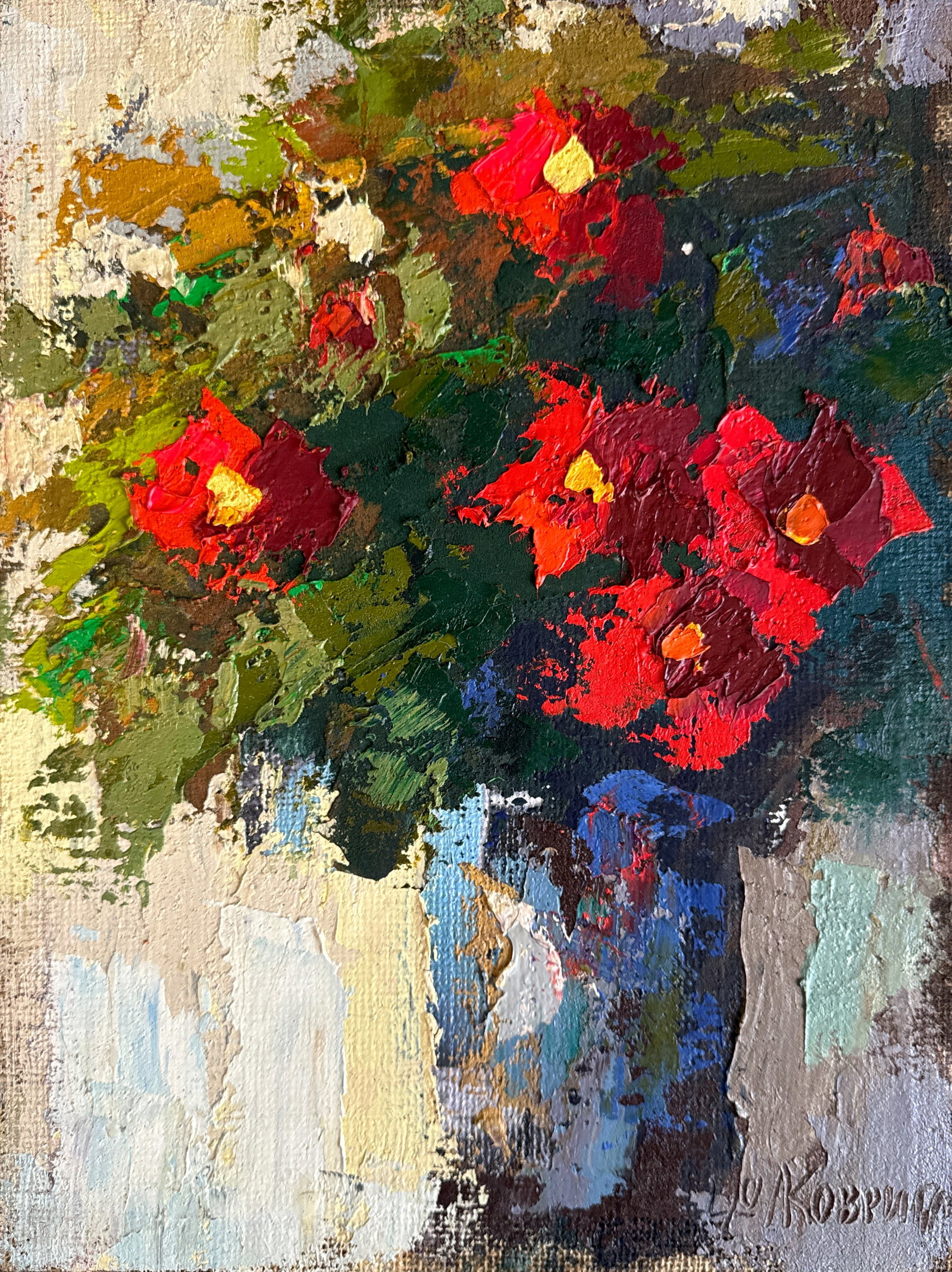 Oil painting with frame Flowers K. Leonid: 10KK Painter: K. Leonid S?ze: 40x30 cm/ 15.74x11.81 inches Components: oil, canvas Original painting CONDITION: exellent ERA:2020 ARTIST: Born in the village of Ostrov, what a beautiful name, located 