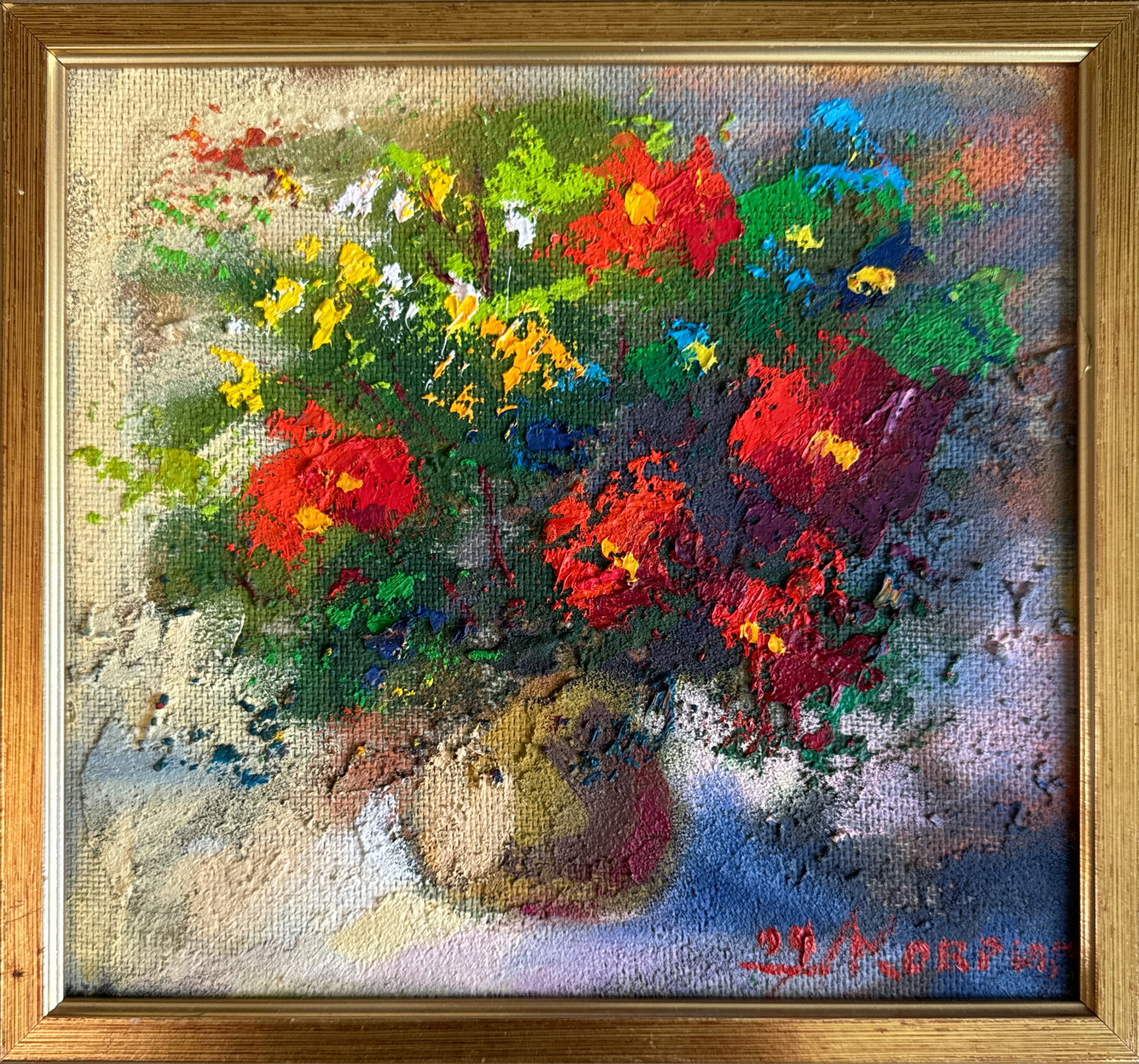 Oil painting with frame Flowers K. Leonid: 24KK Painter: K. Leonid S?ze: 23.5x25 cm/ 9.25x9.84 inches Components: oil, acrylic, fiberboard Original painting CONDITION: exellent ERA:2009 ARTIST: Born in the village of Ostrov, what a beautiful
