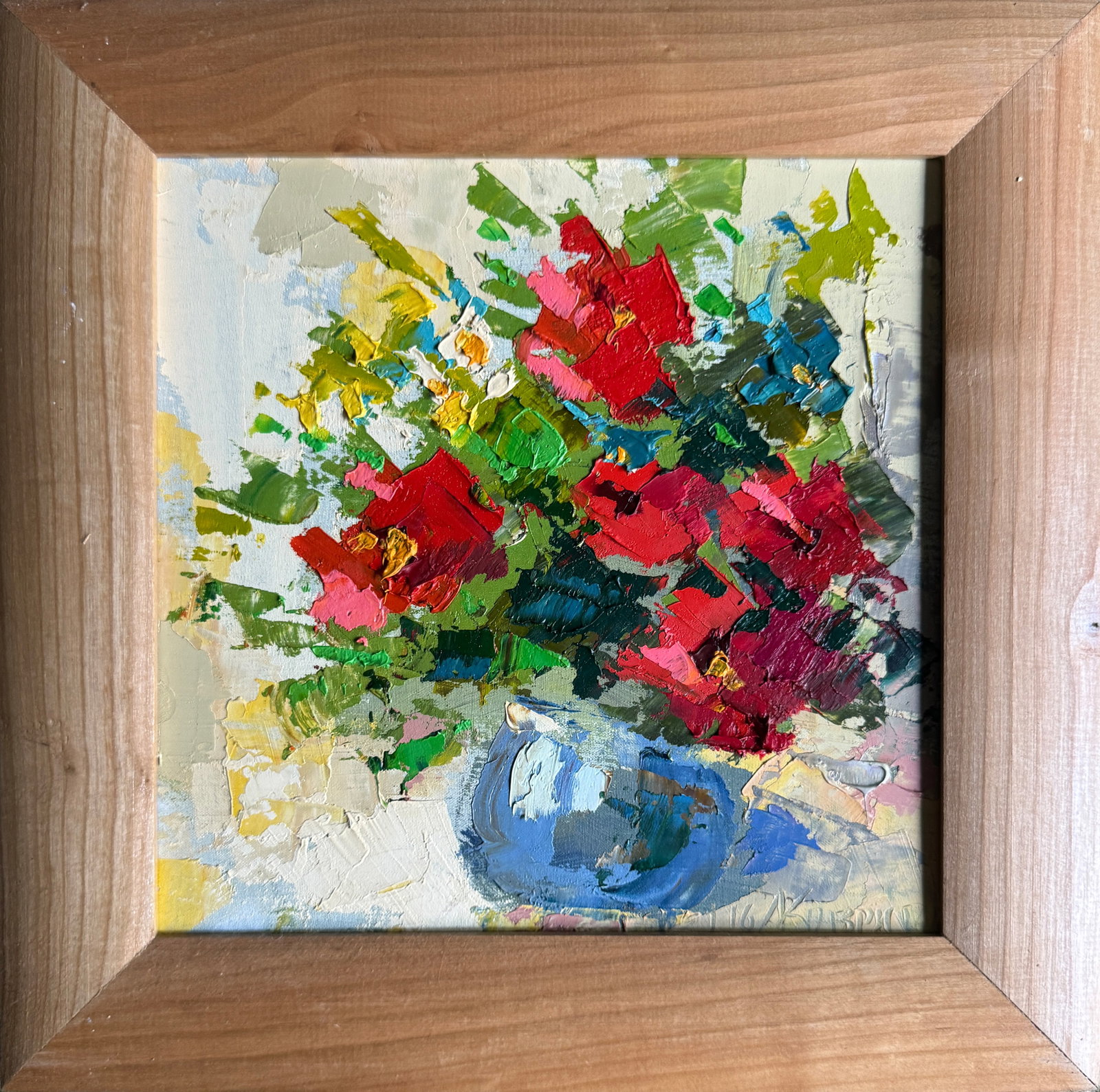 Oil painting with frame Flowers K. Leonid: 336KK Painter: K. Leonid S?ze: 25x25 cm/ 9.84x9.84 inches Components: oil, canvas, fiberboard Original painting CONDITION: exellent ERA:2016 ARTIST: Born in the village of Ostrov, what a beautiful
