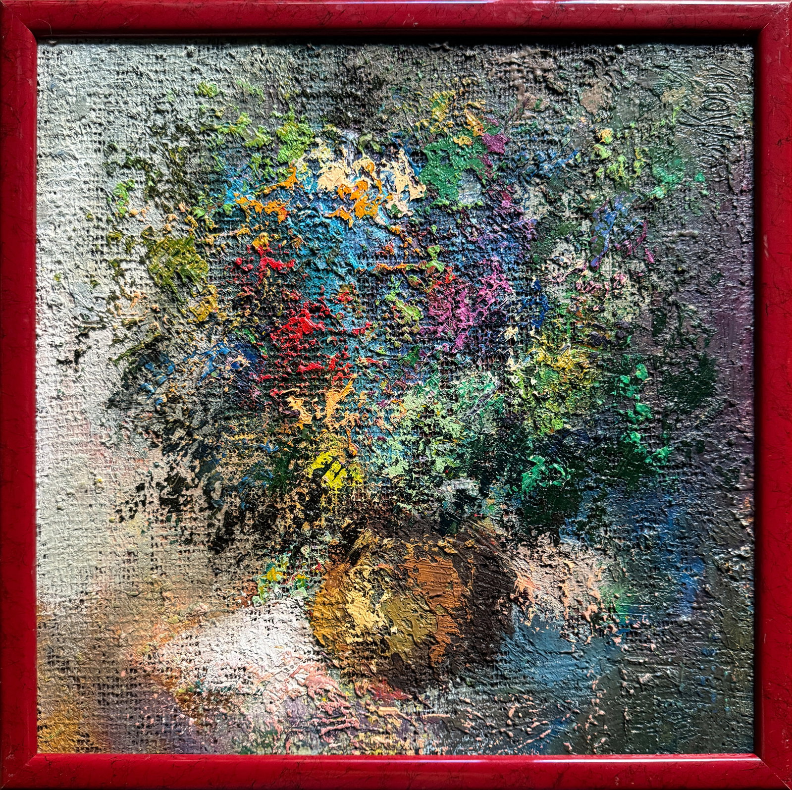 Oil painting with frame flowers K. Leonid: 438KK Painter: K. Leonid S?ze: 40x40 cm/ 15.74x15.74 inches Components: oil, canvas, fiberboard Original painting CONDITION: exellent ERA:2006 ARTIST: Born in the village of Ostrov, what a beautiful