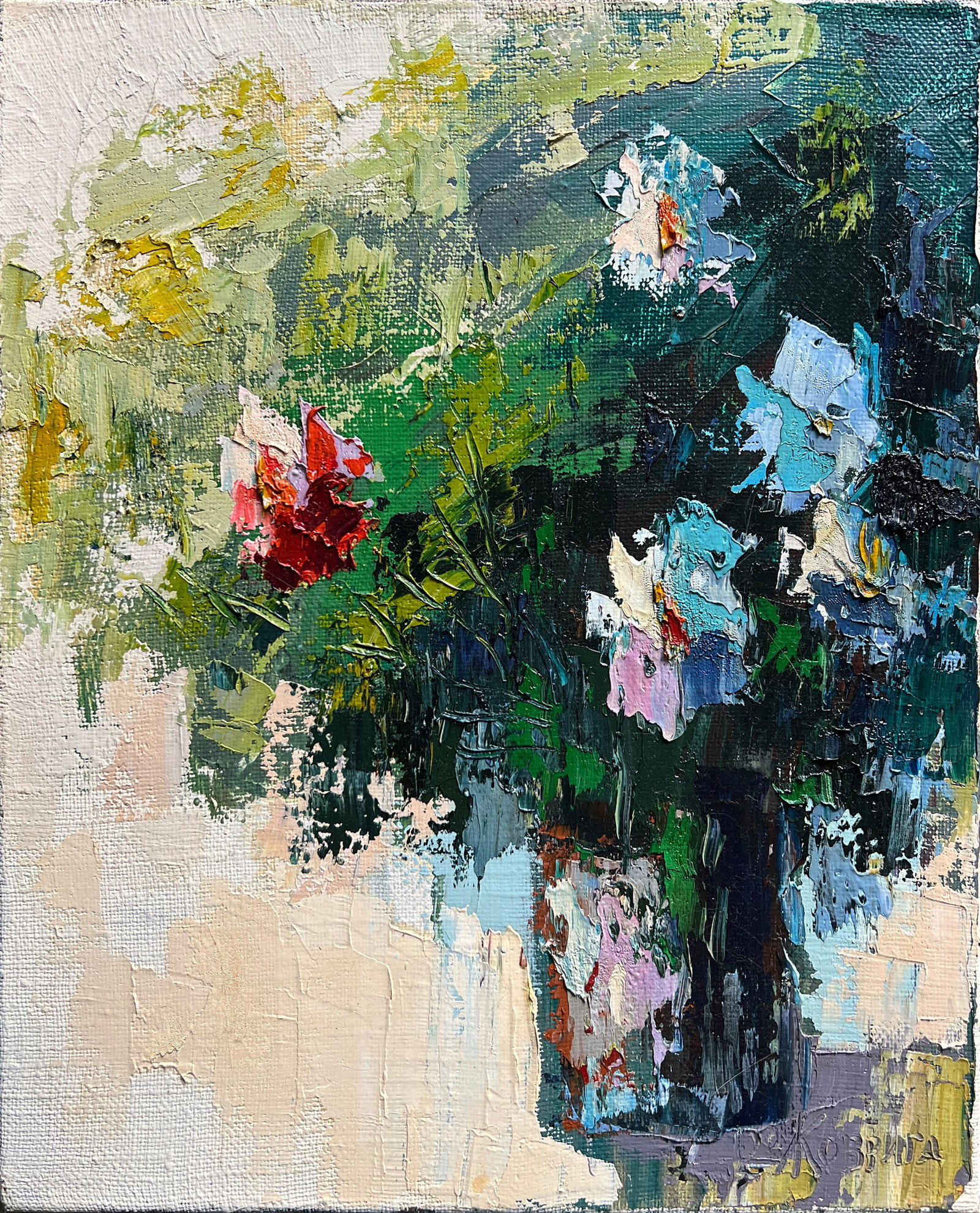 Oil painting with farme flowers K. Leonid: 567KK Painter: K. Leonid S?ze: 50.5x40.5 cm/ 19.88x15.94 inches Components: oil, canvas Original painting CONDITION: exellent ERA:2020 ARTIST: Born in the village of Ostrov, what a beautiful name, loc