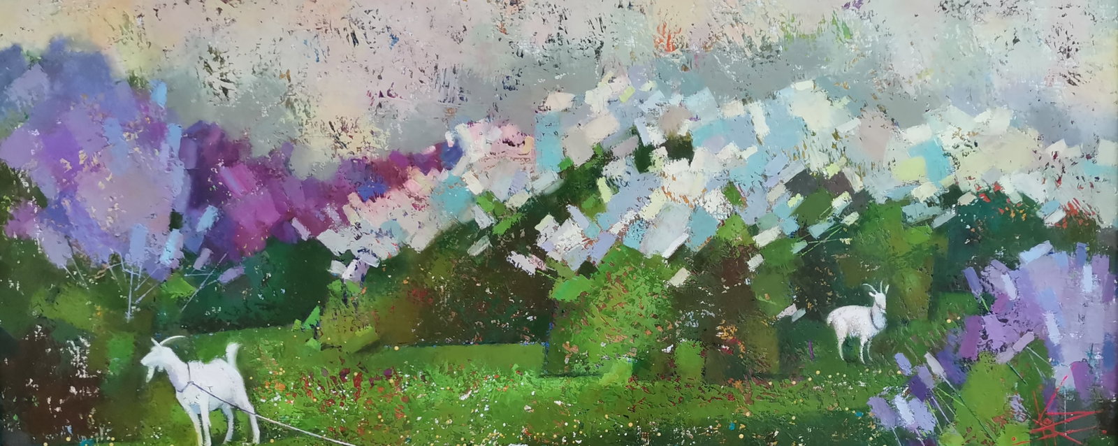 Abstract Oil painting In the shadow of lilac Oksana Kyrylenko: 61KOR Painter: Oksana Kyrylenko S?ze: 43x100 cm/16.9x39.3 inches Components: oil, canvas Original painting from our collection ERA: 2016 Oksana Ivanivna was born on May 11, 1961 in the city of Chernih