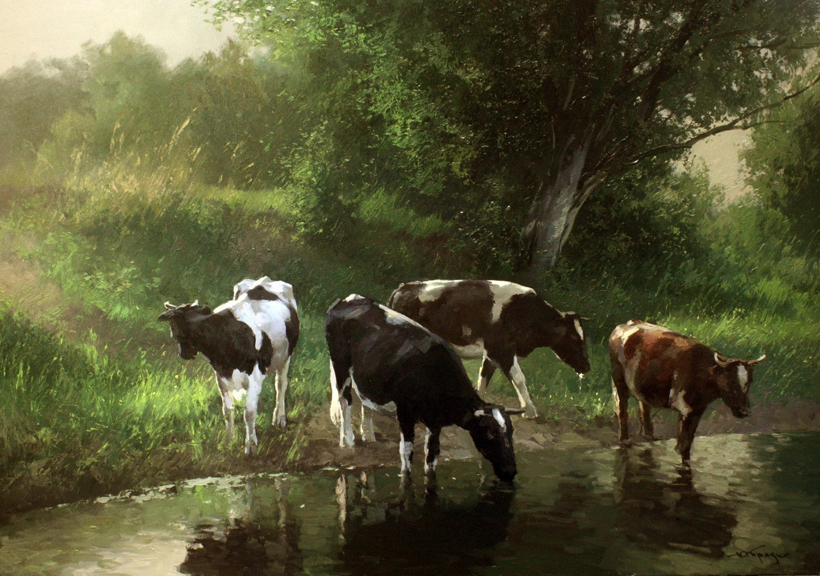 Oil painting Watering hole Ukrainian painter: 02R Painter: Yurii P. S?ze: 70x100 cm/ 27.55x39.37 inches Components: oil, canvas Original painting CONDITION: exellent ERA: ARTIST: Pryadko Yurii (b. 1980) was born in Pavlohrad, Dnipro region,