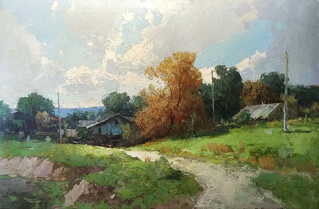 Oil painting The edge of the village Ukrainian painter: 18R Painter: Yurii P. S?ze: 60x80 cm/ 23.62x31.49 inches Components: oil, canvas Original painting CONDITION: exellent ERA: ARTIST: Pryadko Yurii (b. 1980) was born in Pavlohrad, Dnipro region, Ukrain