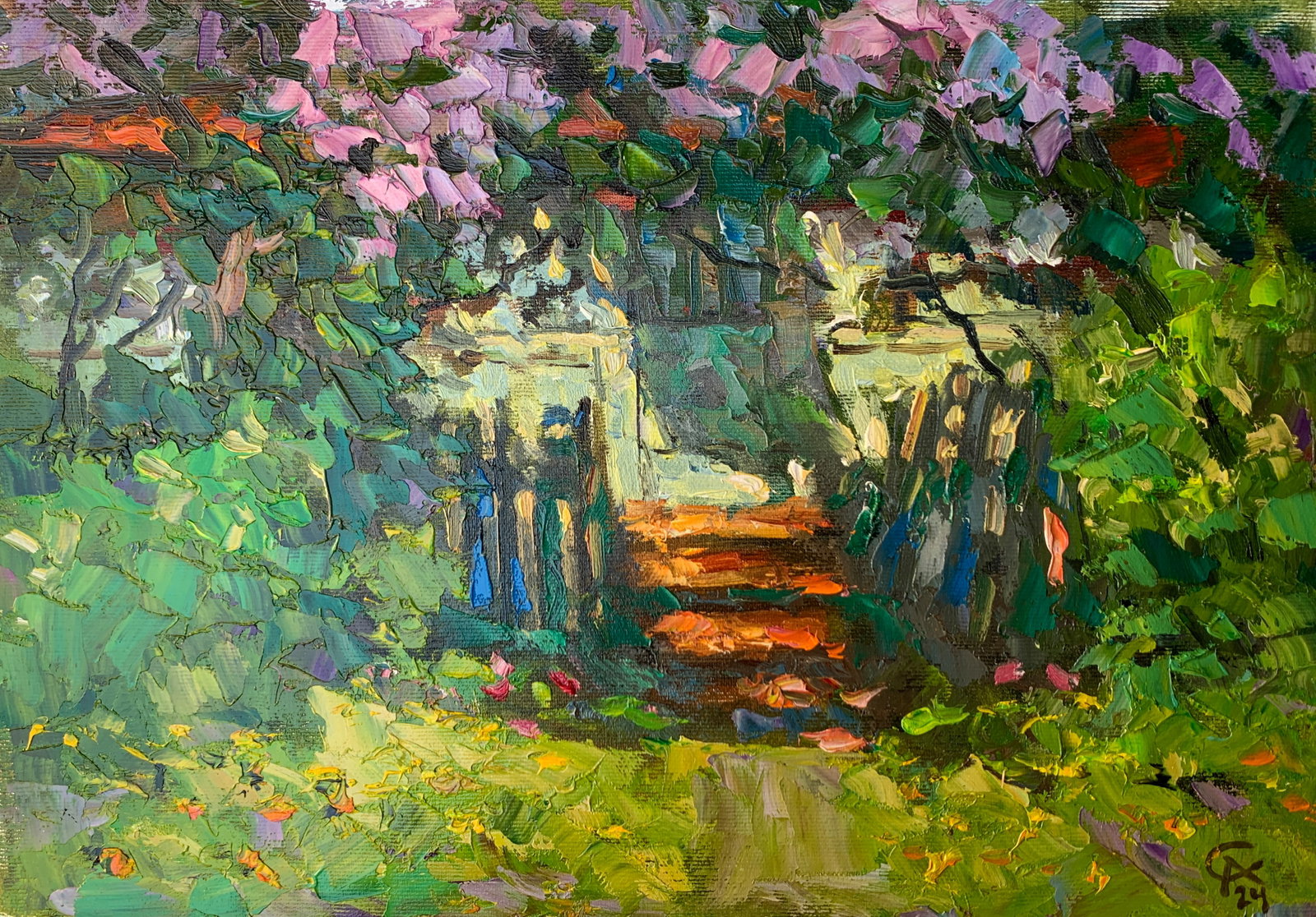 Oil painting Green Porch Sergey Ivanovich Animov: 362DDD Painter: Sergey Ivanovich Animov S?ze: 26x38 cm/10.23x14.96 inches Components: canvas, oil Original painting from our collection ERA: modern About the artist: Serhiy Ivanovych was born on May 1