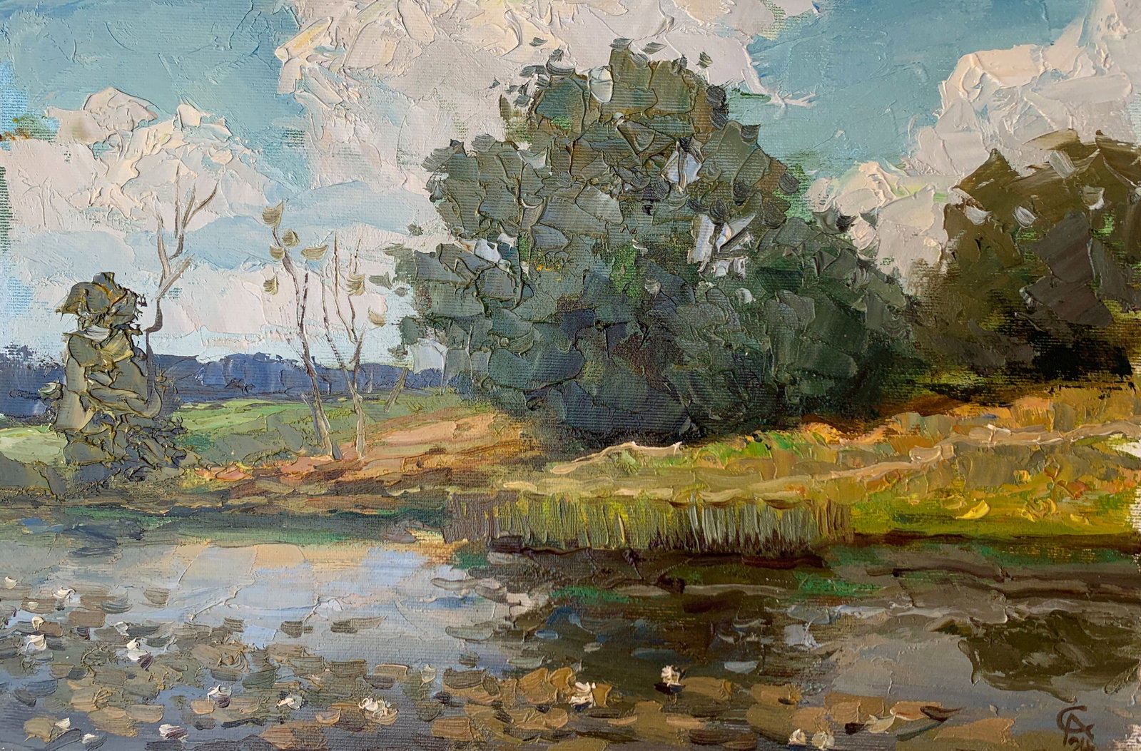 Oil painting by the pond Sergey Ivanovich Animov: 374DDD Painter: Sergey Ivanovich Animov S?ze: 26x38 cm/10.23x14.96 inches Components: canvas, oil Original painting from our collection ERA: modern About the artist: Serhiy Ivanovych was born on May