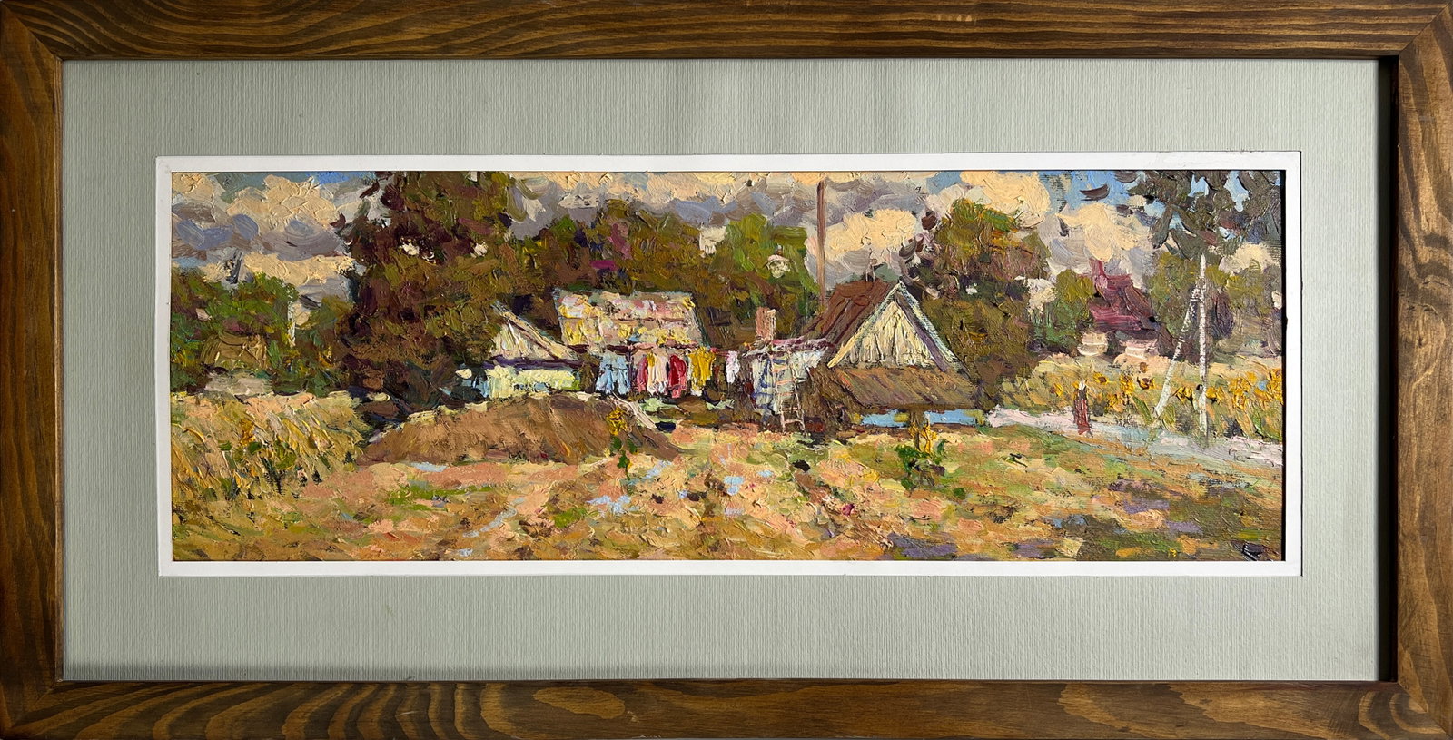 Oil painting village yard Sergey Ivanovich Animov: 387DDD Painter: Sergey Ivanovich Animov S?ze: 23x60 cm/ 9.05x23.62 inches Components: canvas, oil Original painting from our collection ERA: 2017 About the artist: Serhiy Ivanovych was born on May 12,