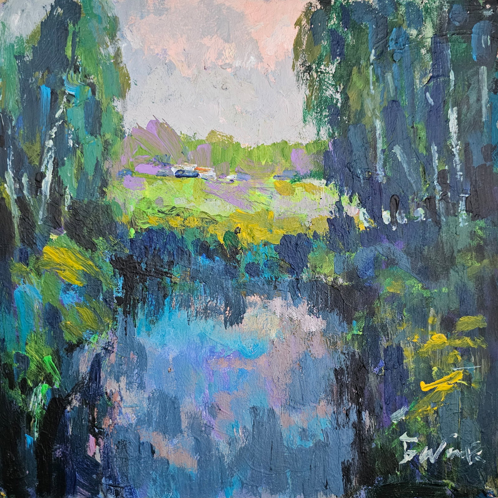 Acrylic painting Lake Vyacheslav Petrovich Babac: 262BA Painter: Vyacheslav Petrovick Babac S?ze: 26x26 cm/ 10.23x10.23 inches Components: Acrylic, cardboard Original painting from our collection ERA: 2024 About the artist: Born on August 24, 1946 to