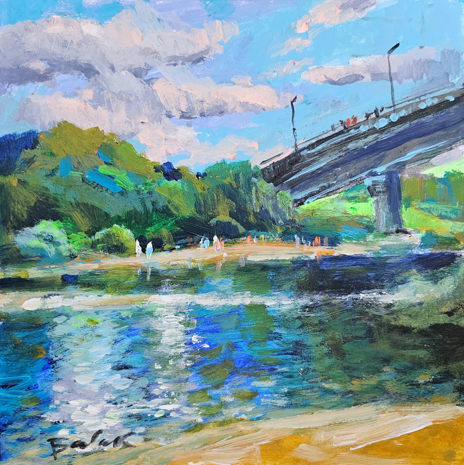 Acrylic painting river in the city Vyacheslav Petrovich Babac: 264BA Painter: Vyacheslav Petrovick Babac S?ze: 26x26 cm/ 10.23x10.23 inches Components: Acrylic, cardboard Original painting from our collection ERA: 2024 About the artist: Born on August 24, 1946