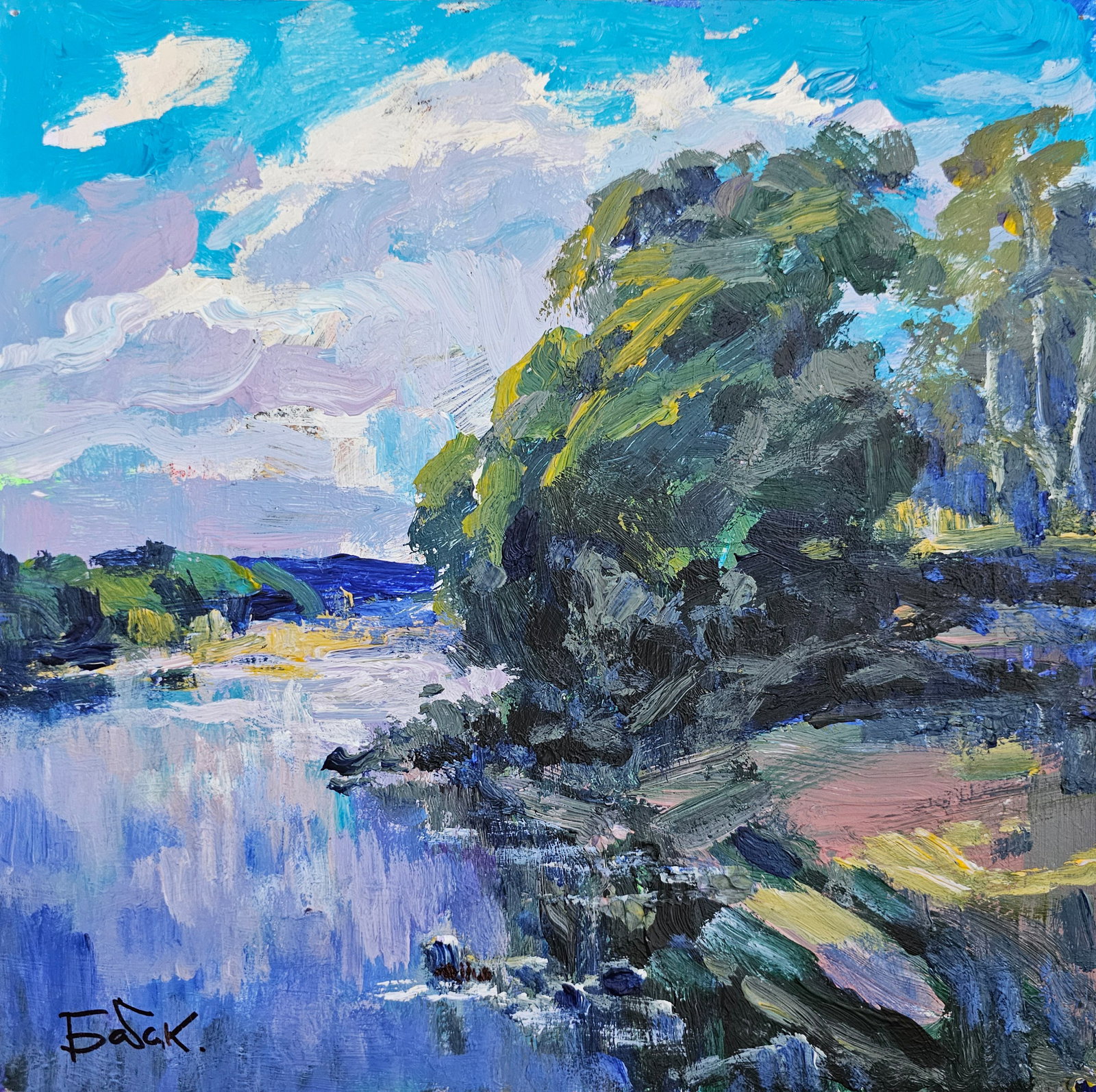 Acrylic painting on the river Vyacheslav Petrovich Babac: 267BA Painter: Vyacheslav Petrovick Babac S?ze: 26x26 cm/ 10.23x10.23 inches Components: Acrylic, cardboard Original painting from our collection ERA: 2024 About the artist: Born on August 24, 1946 to