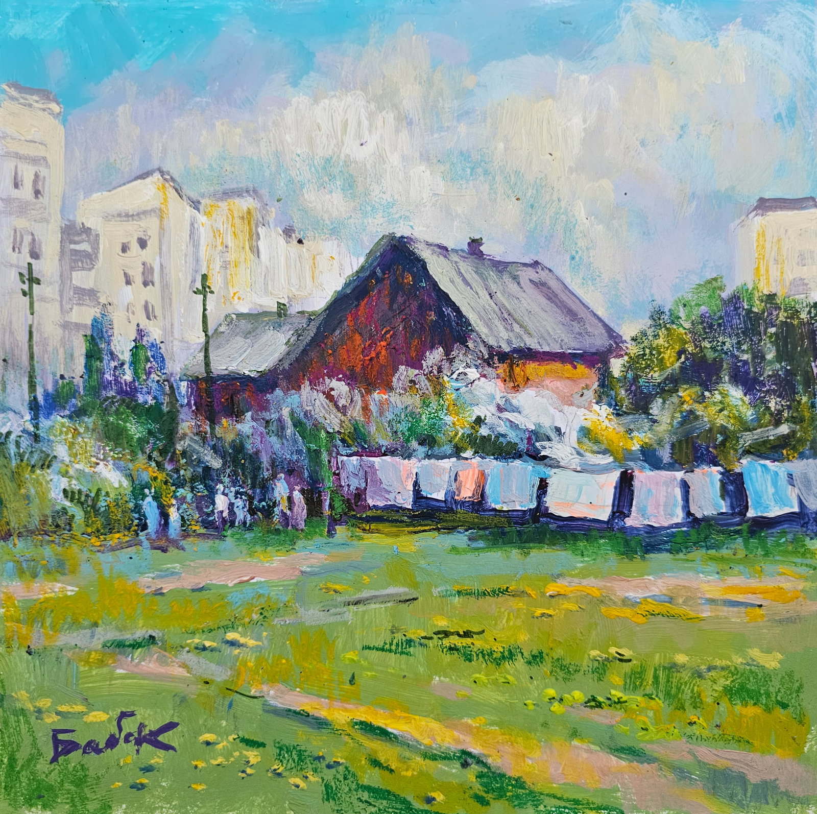 Acrylic painting spring day Vyacheslav Petrovich Babac: 275BA Painter: Vyacheslav Petrovick Babac S?ze: 26x26 cm/ 10.23x10.23 inches Components: Acrylic, cardboard Original painting from our collection ERA: 2024 About the artist: Born on August 24, 1946