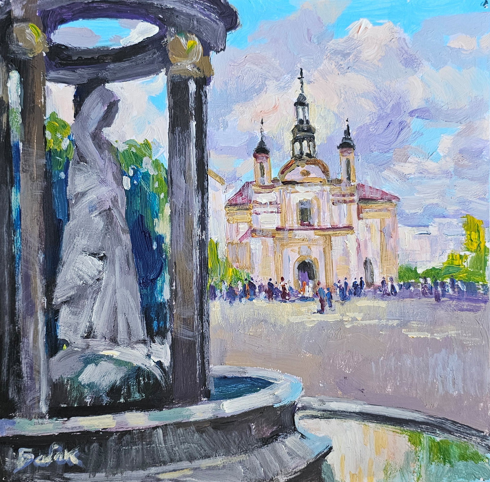 Acrylic painting Sheptytsky Square Vyacheslav Petrovich Babac: 301BA Painter: Vyacheslav Petrovick Babac S?ze: 26x26 cm/ 10.23x10.23 inches Components: Acrylic, cardboard Original painting from our collection ERA: 2024 About the artist: Born on August 24, 1946
