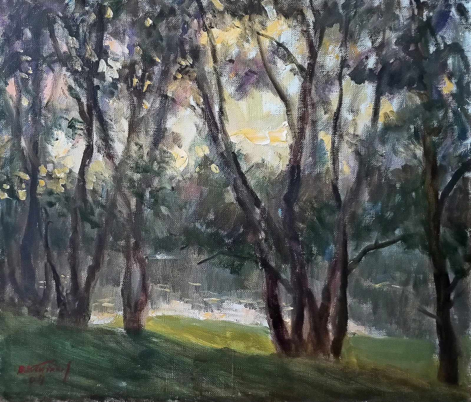 Oil painting At sunset by honored painter Ukrainian Vasyl K.: 06Kv Painter: Vasyl K. S?ze: 61.7x72.5 cm/ 24.29x28.54 inches Components: oil, canvas Original painting CONDITION: exellent ERA: 2004 ARTIST: Vasyl Honored Artist of Ukraine, he worked in the field of
